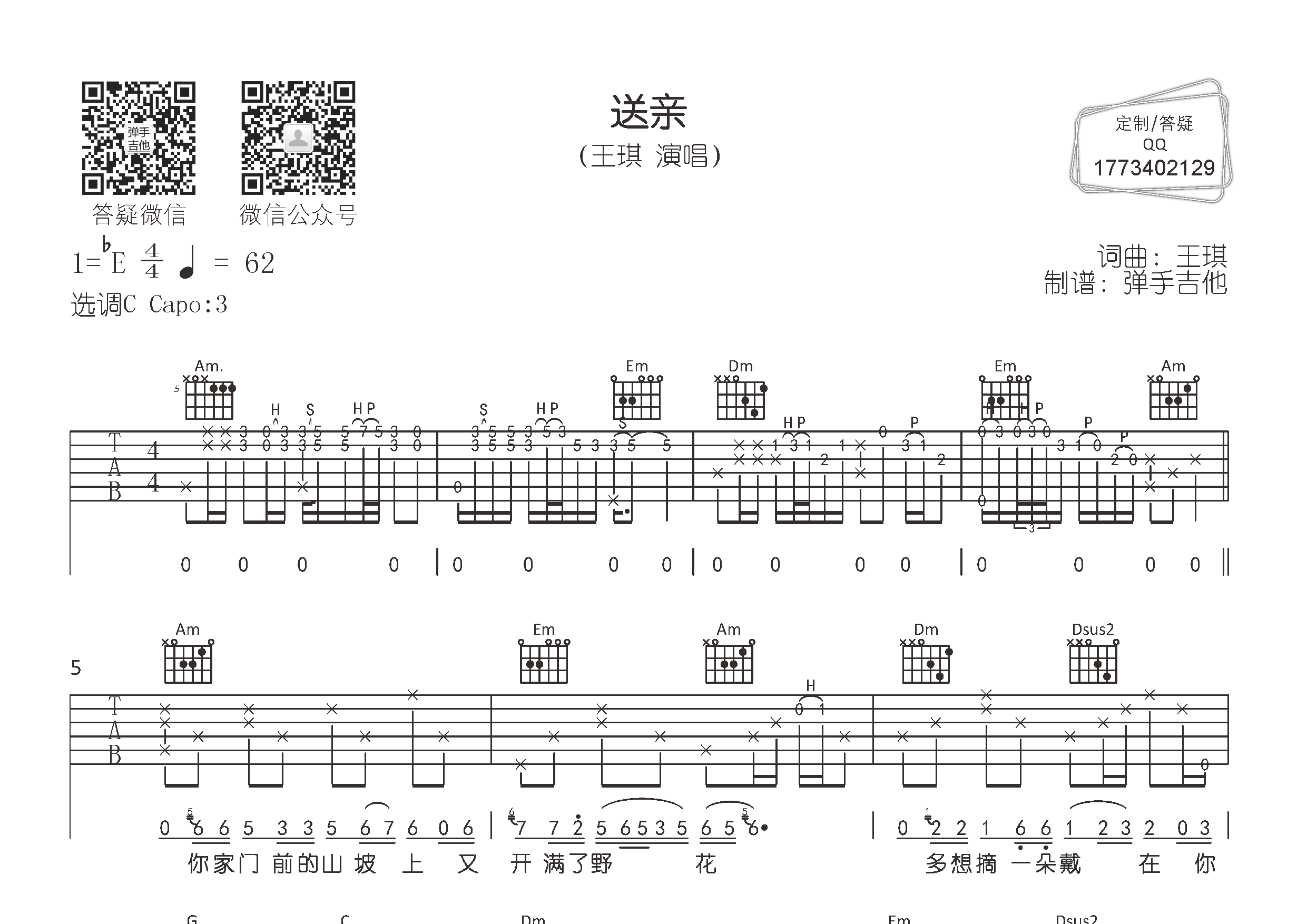 送亲(弹手吉他编配)吉他谱(图片谱,弹唱,c调,原版)_王琪 - 吉他社