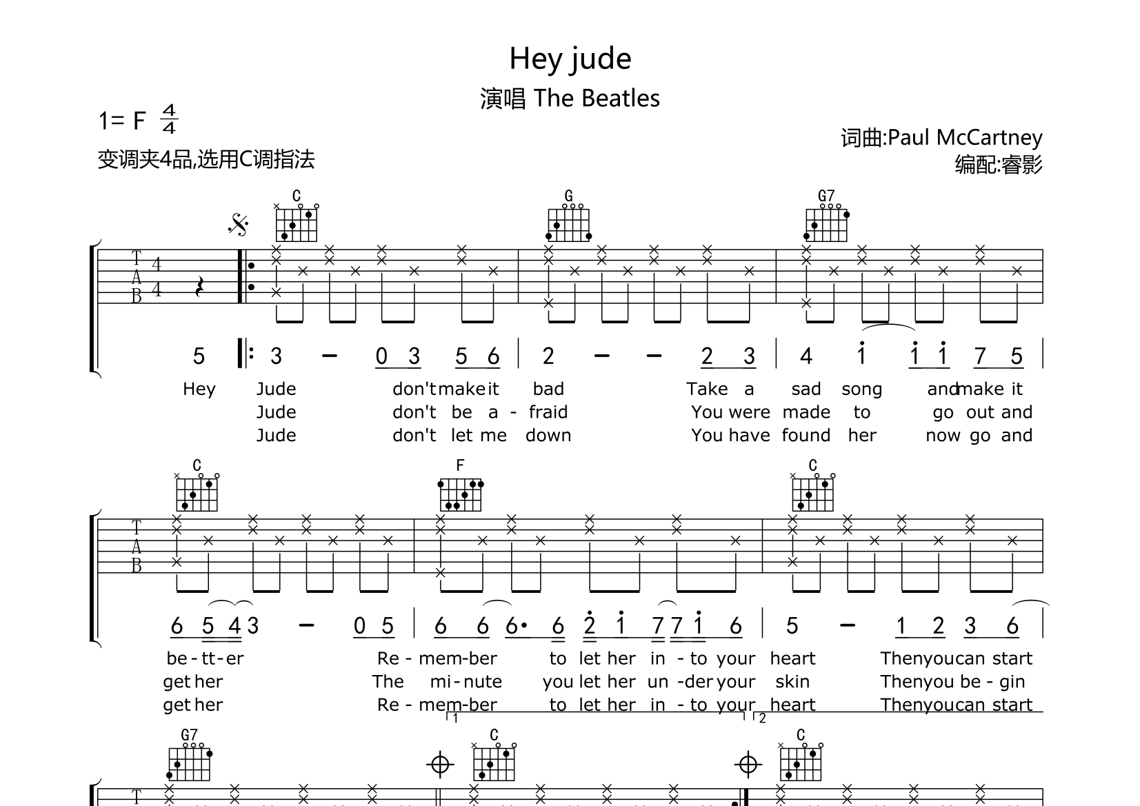 heyjude吉他谱简单版图片