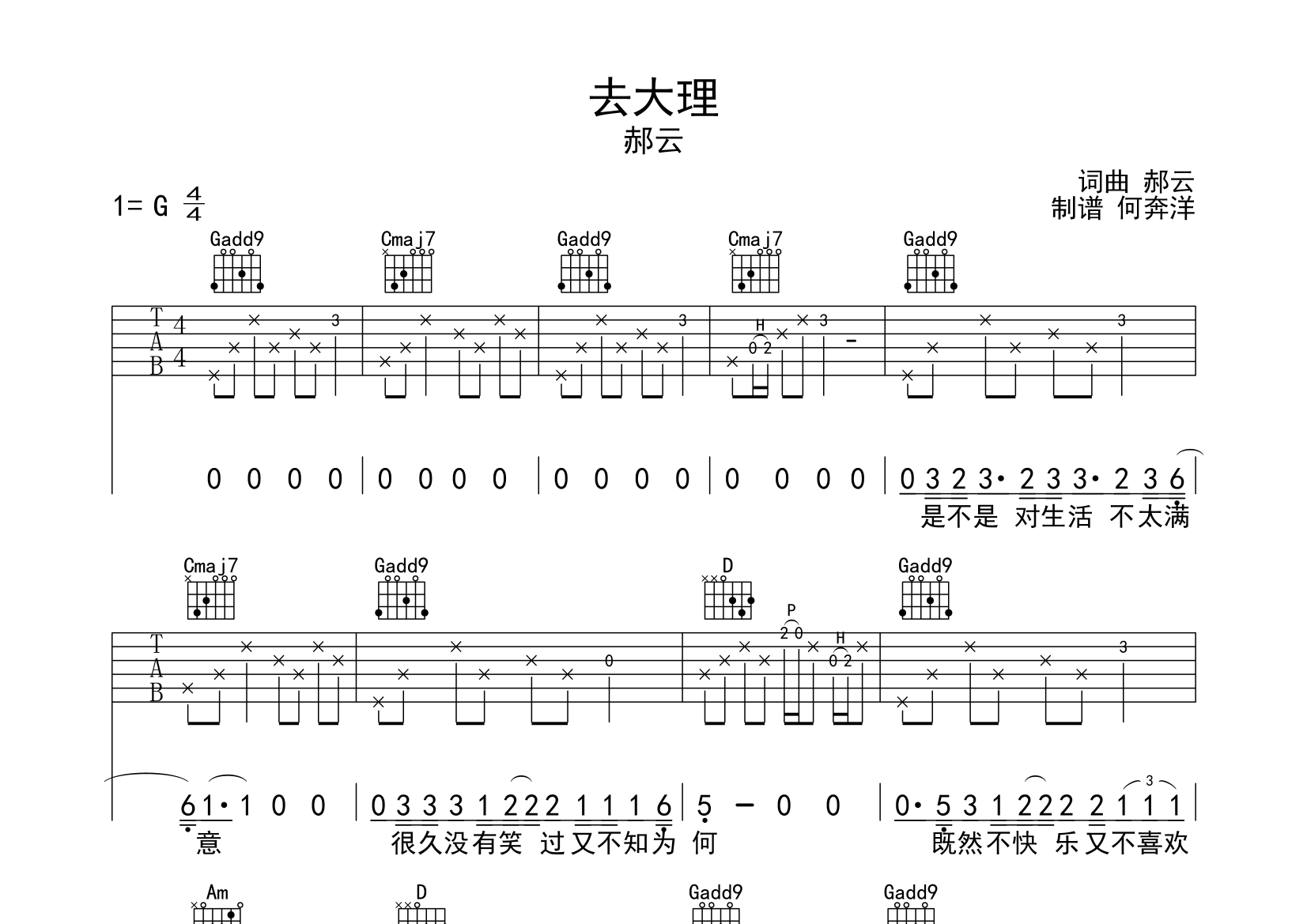 去大理吉他谱(图片谱)_郝云 - 吉他社