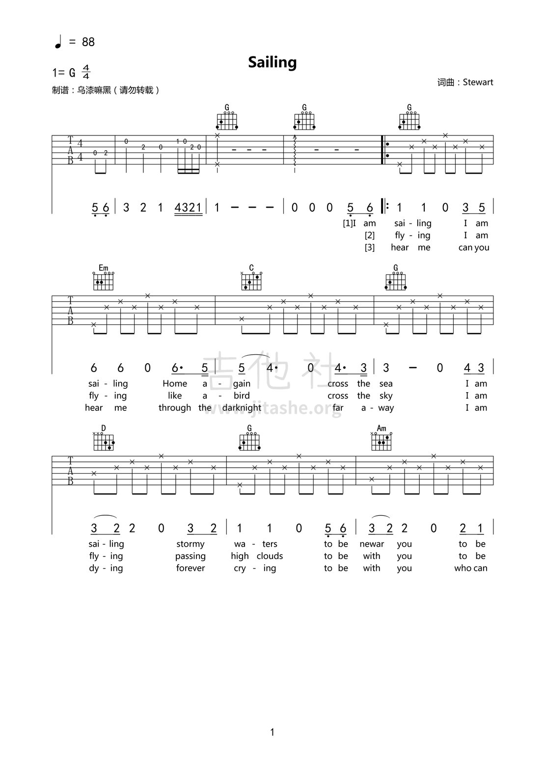 sailing(rod stewart(洛·史都华)的成名之作)吉他谱(图片谱,吉他弹唱