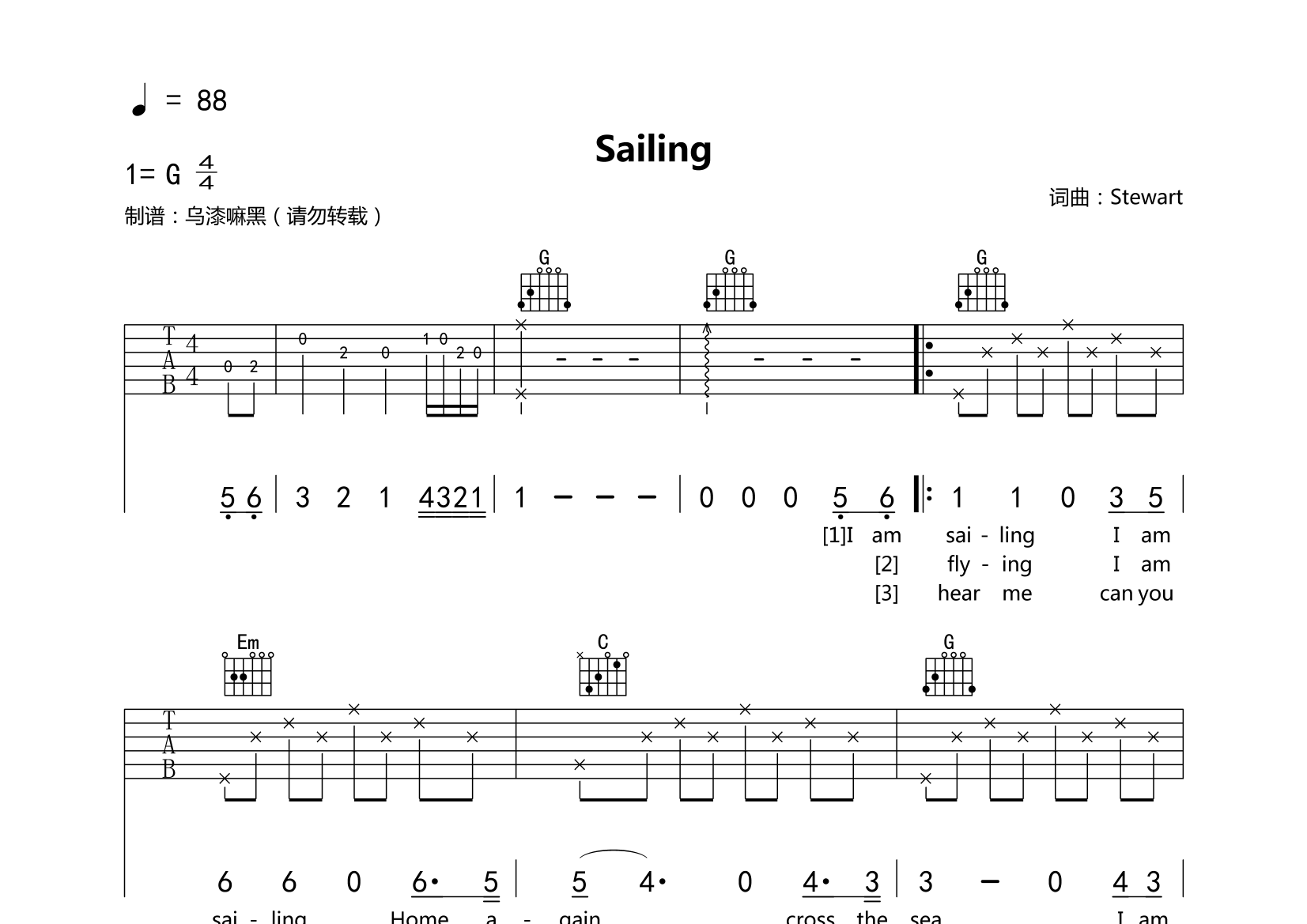 sailing吉他谱原版图片