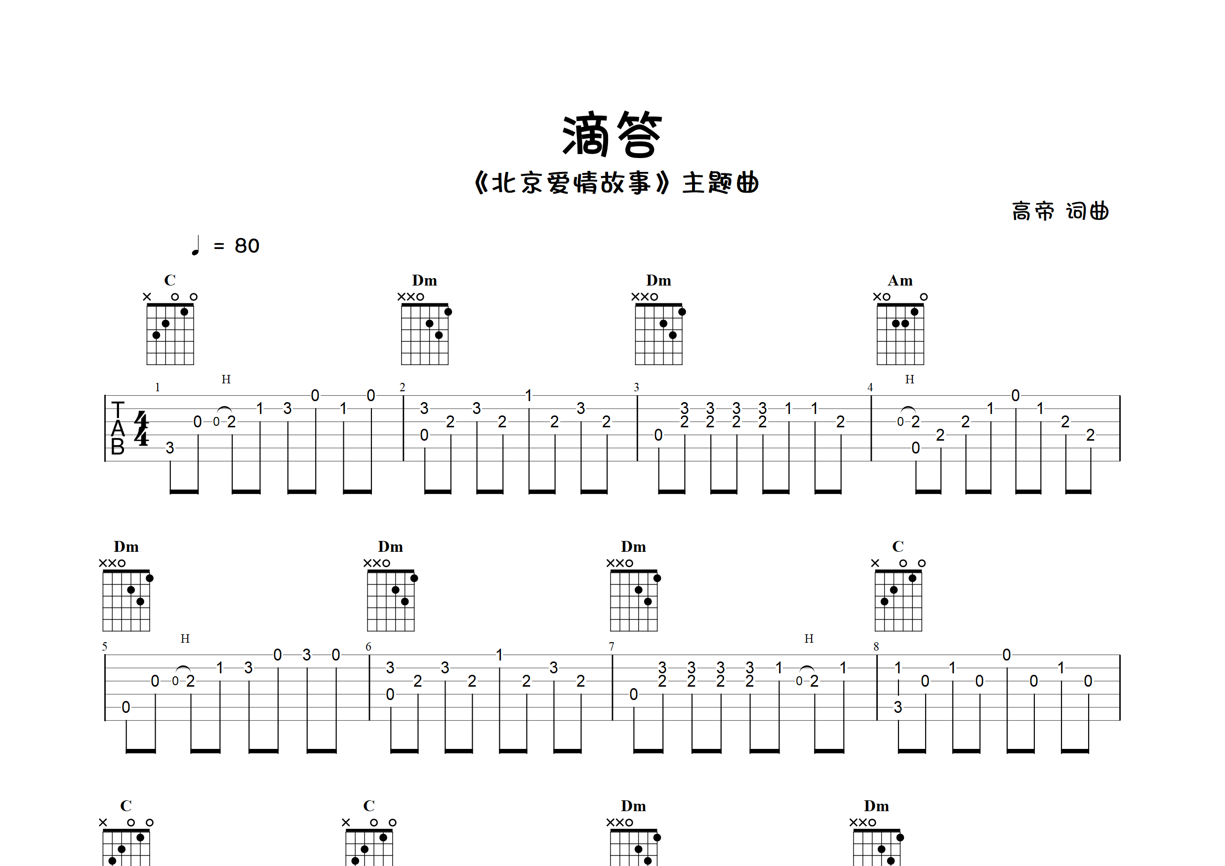 嘀嗒(指弹独奏谱)吉他谱(图片谱,简单版,独奏,指弹)_侃侃