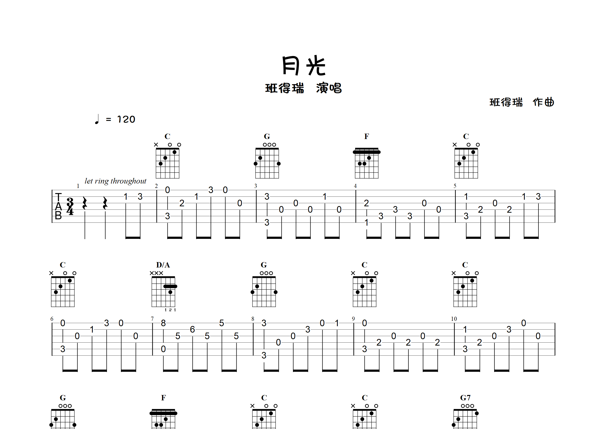 月光(指弹独奏谱)吉他谱(图片谱,指弹,独奏,简单版)_bandari(班得瑞)