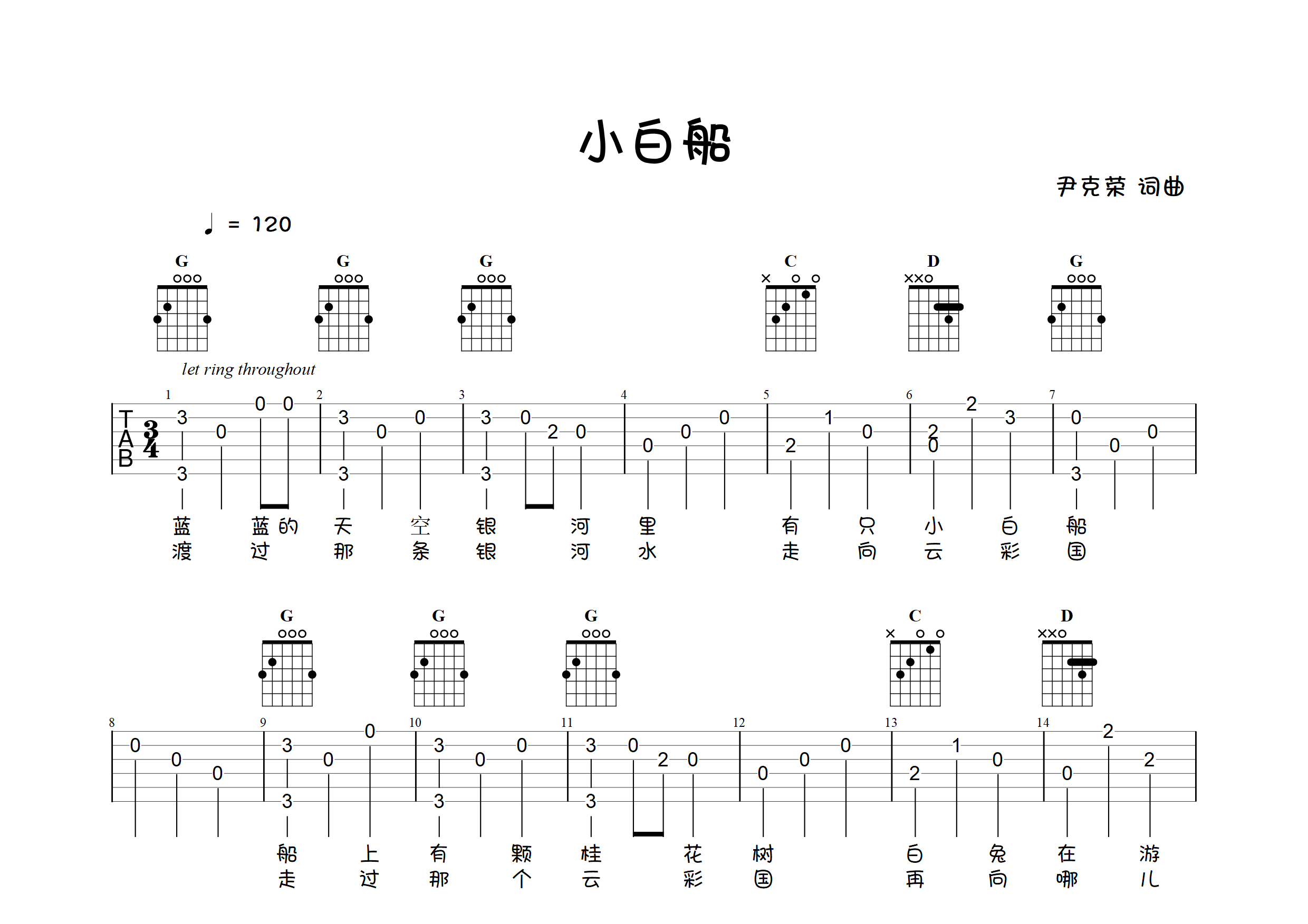 小白船(指弹独奏谱)吉他谱(图片谱,简单版,指弹,独奏)_杨钰莹