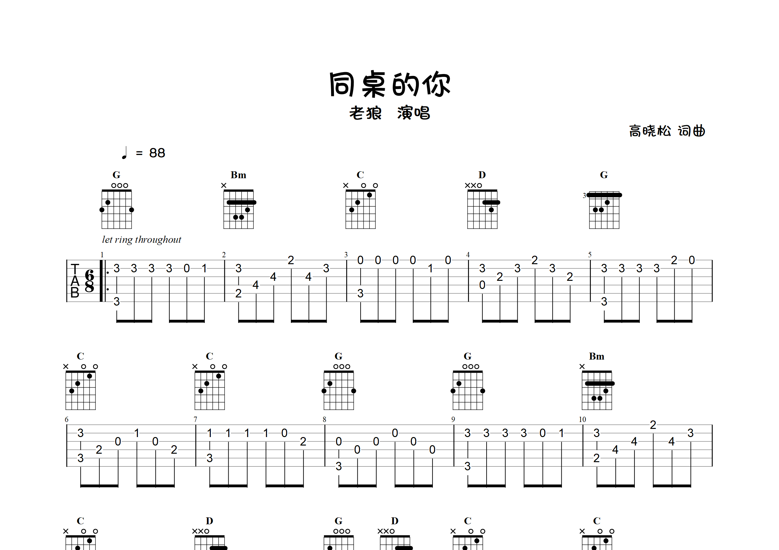 同桌的你(指弹独奏谱)吉他谱(图片谱,指弹,简单版,独奏)_老狼(王阳)