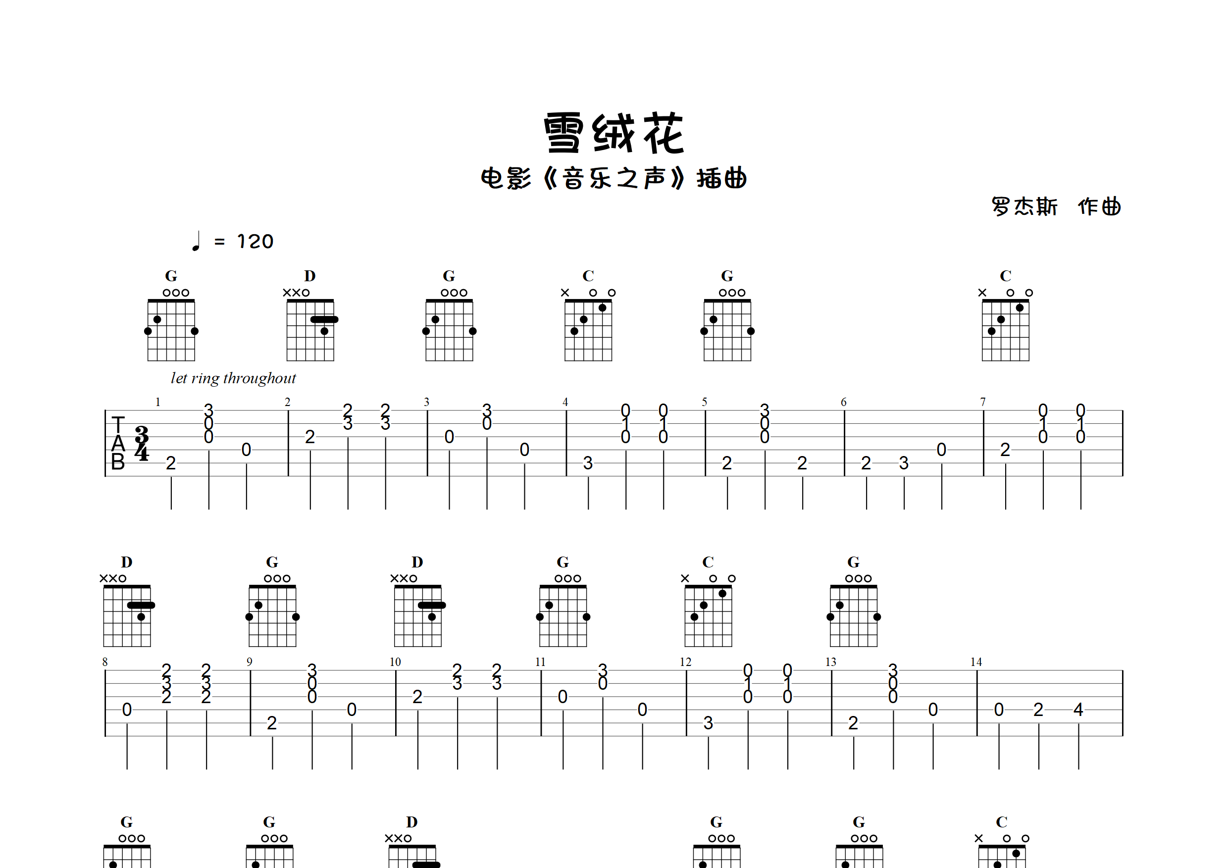 雪绒花(指弹独奏谱)吉他谱(图片谱,指弹,独奏,简单版)