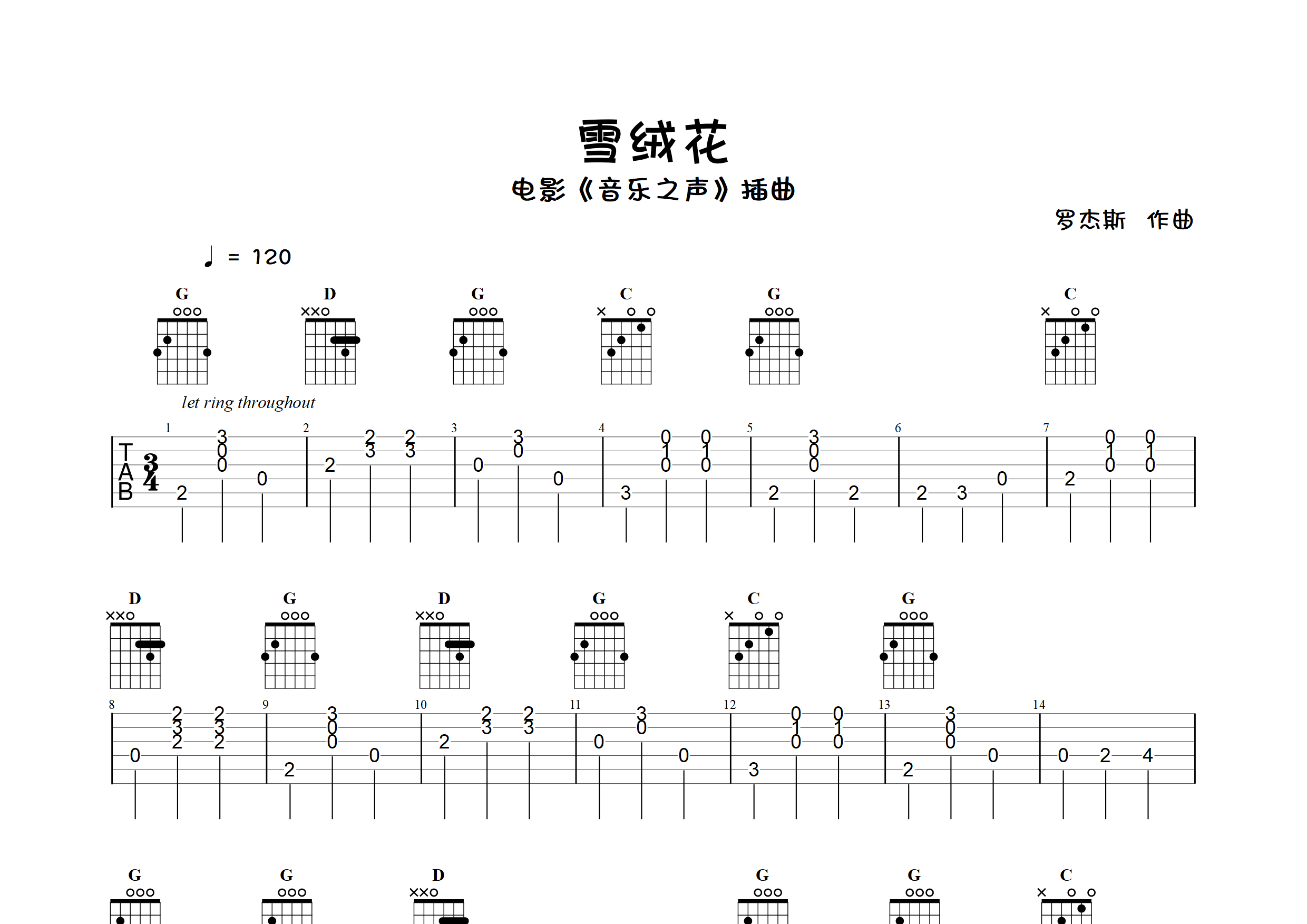 雪绒花(指弹独奏谱)吉他谱(图片谱,指弹,独奏,简单版)_群星(various