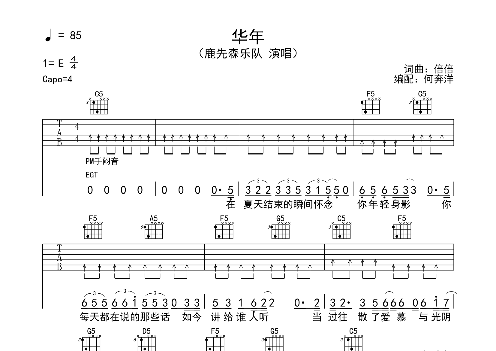 华年吉他谱(图片谱,改编版,扫弦,弹唱)_鹿先森乐队