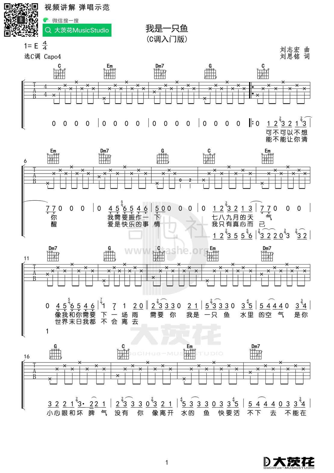 我是一只鱼吉他谱g调图片