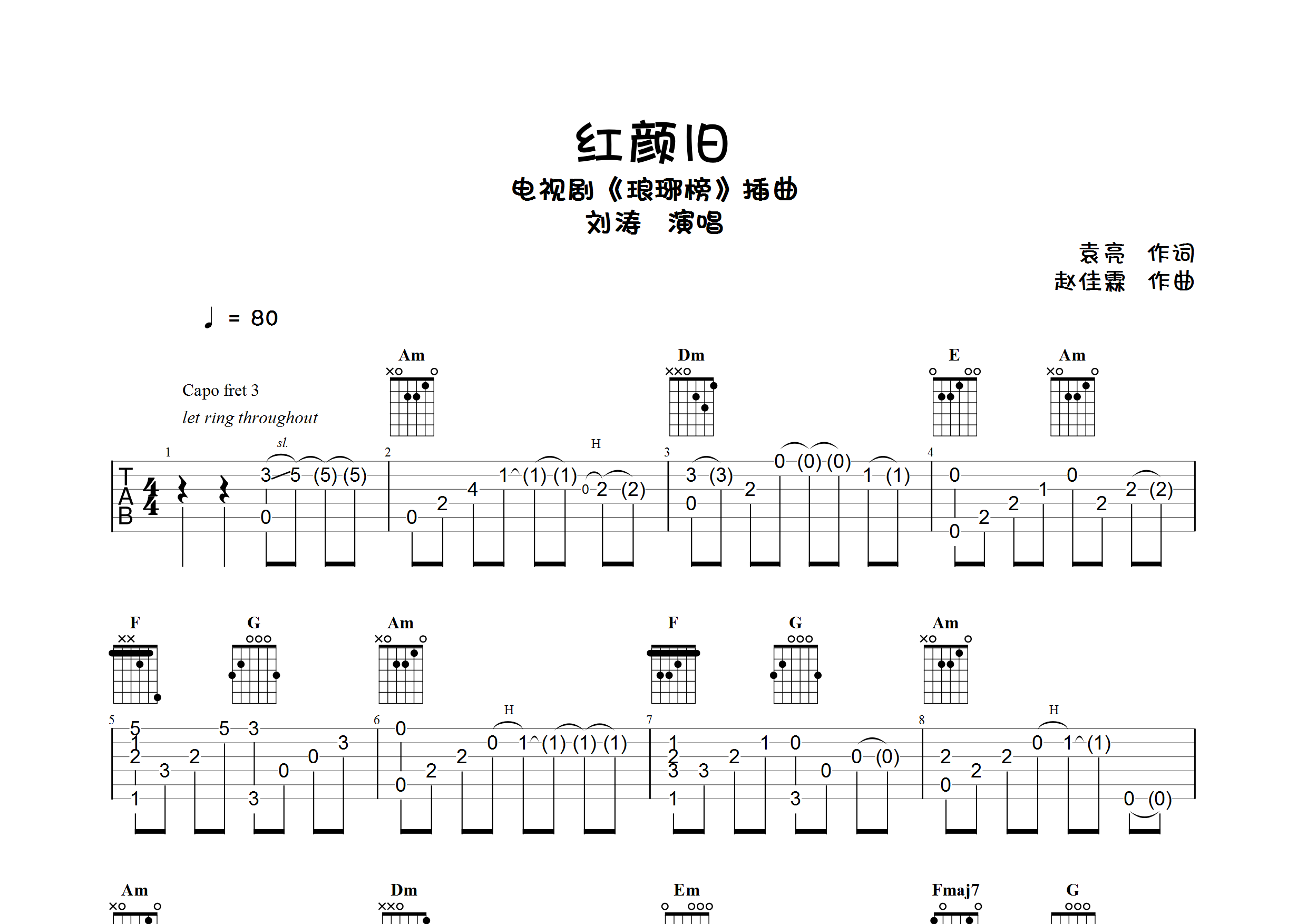 红颜旧(指弹独奏谱)吉他谱(图片谱,独奏,指弹,原版)_刘涛