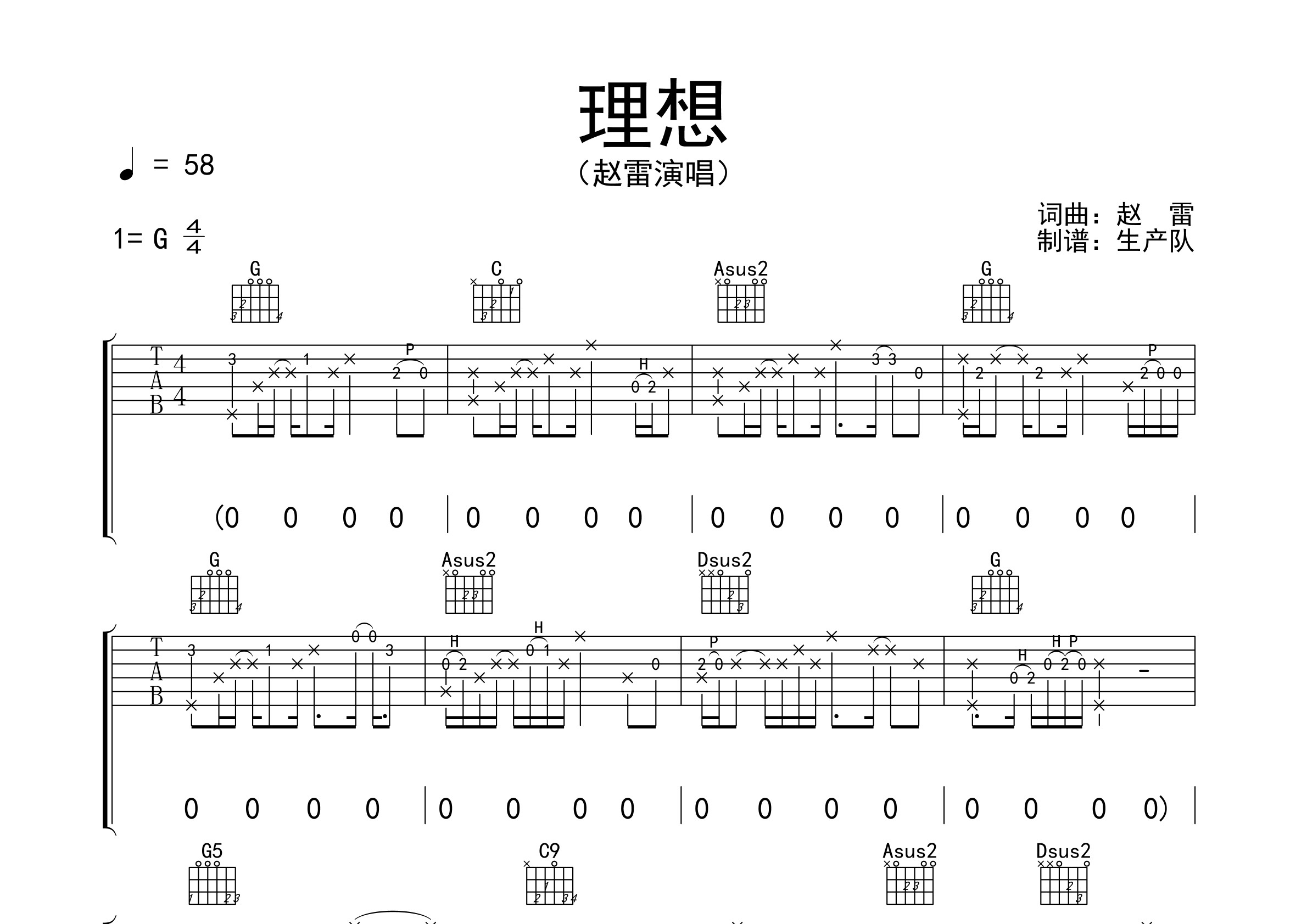 理想原版吉他谱图片