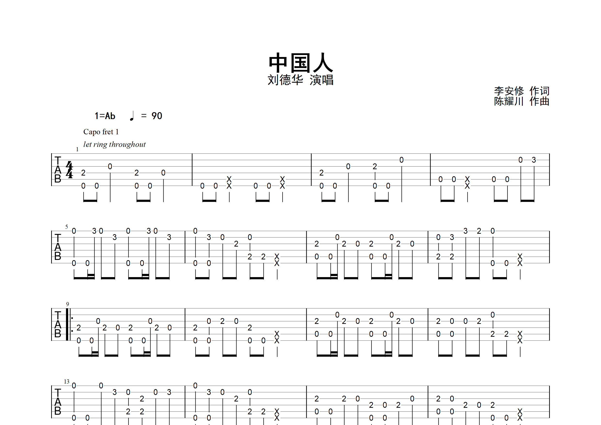 中国人(指弹谱)吉他谱(图片谱,改编版,独奏,指弹)_刘德华(andy lau)