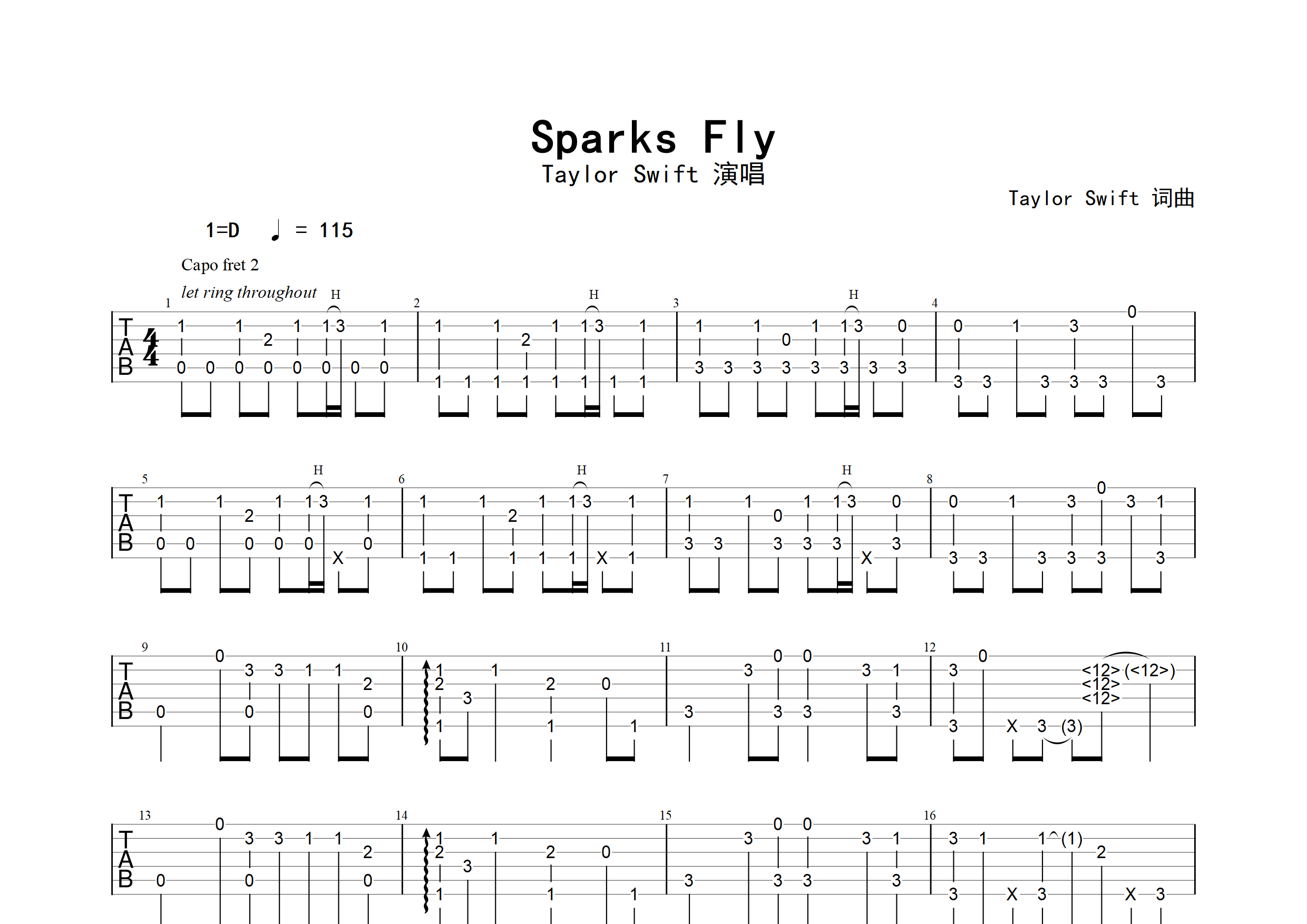 sparks fly吉他谱图片