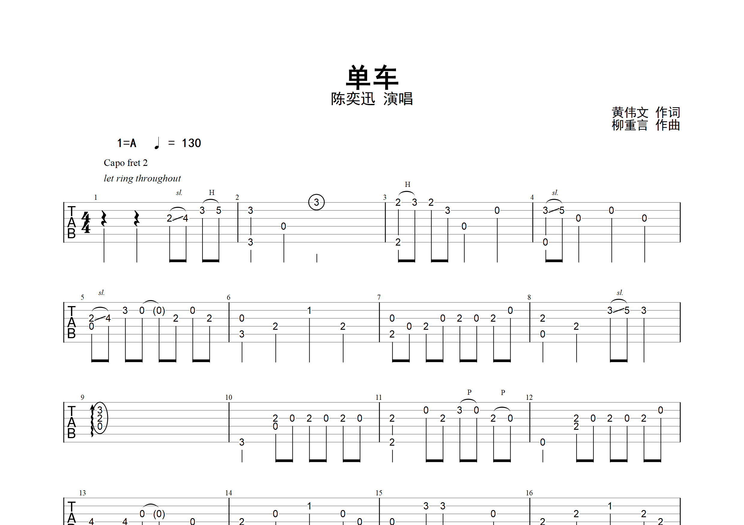 单车(指弹谱)吉他谱(图片谱,简单版,改编版,指弹)_陈奕迅(eason chan)