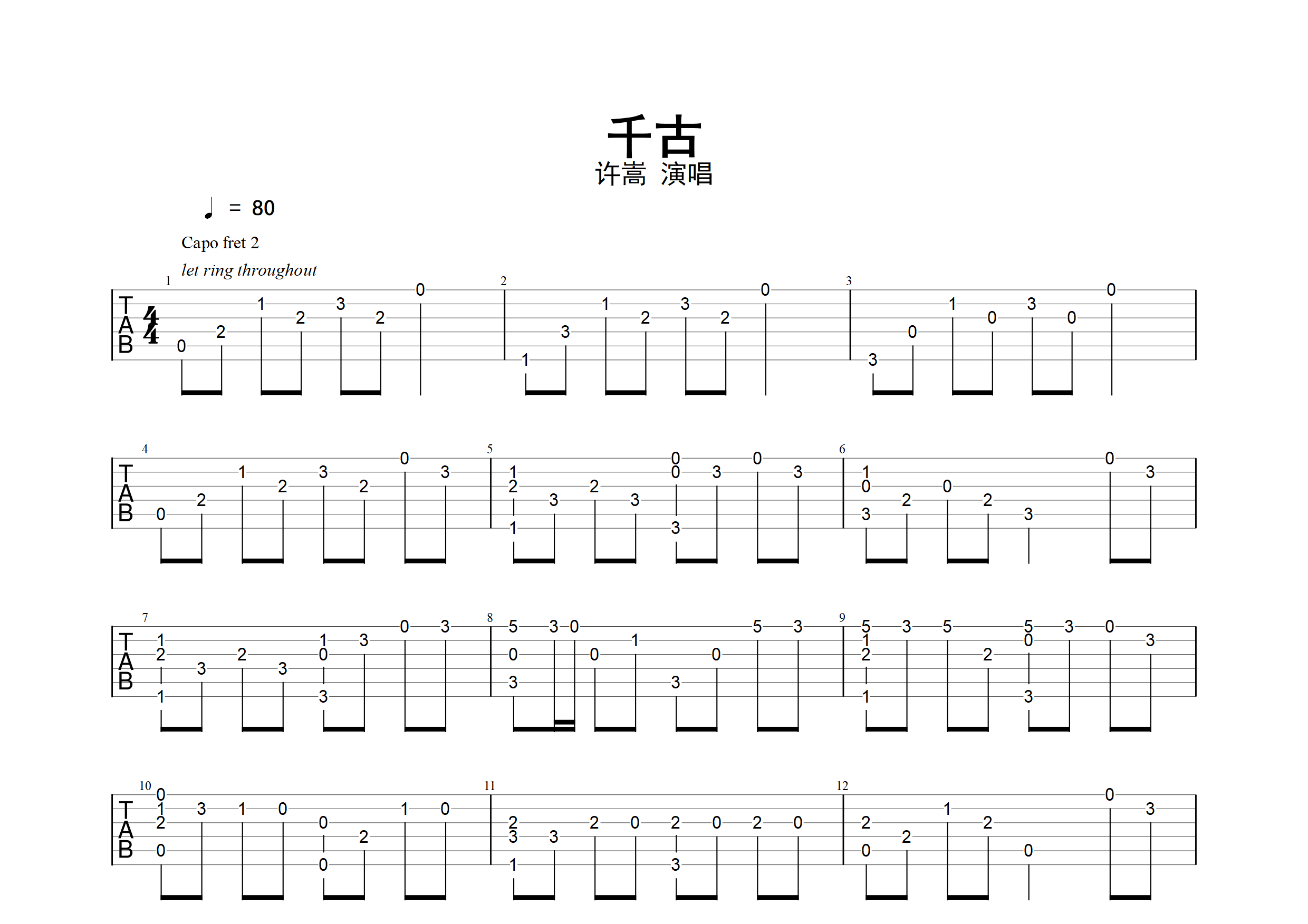 千古(指弹谱)吉他谱(图片谱,改编版,简单版,指弹)_许嵩(vae)
