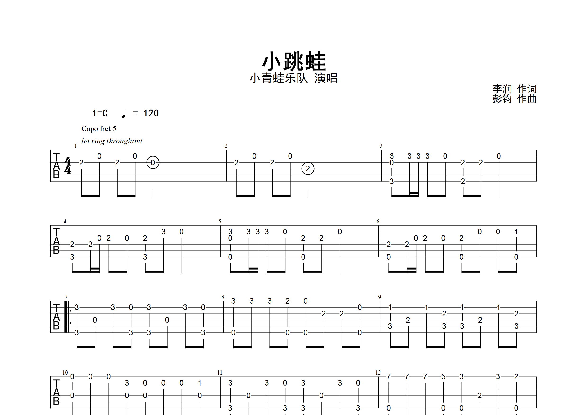 小跳蛙(指弹谱)吉他谱(图片谱,指弹,简单版,改编版)_青蛙