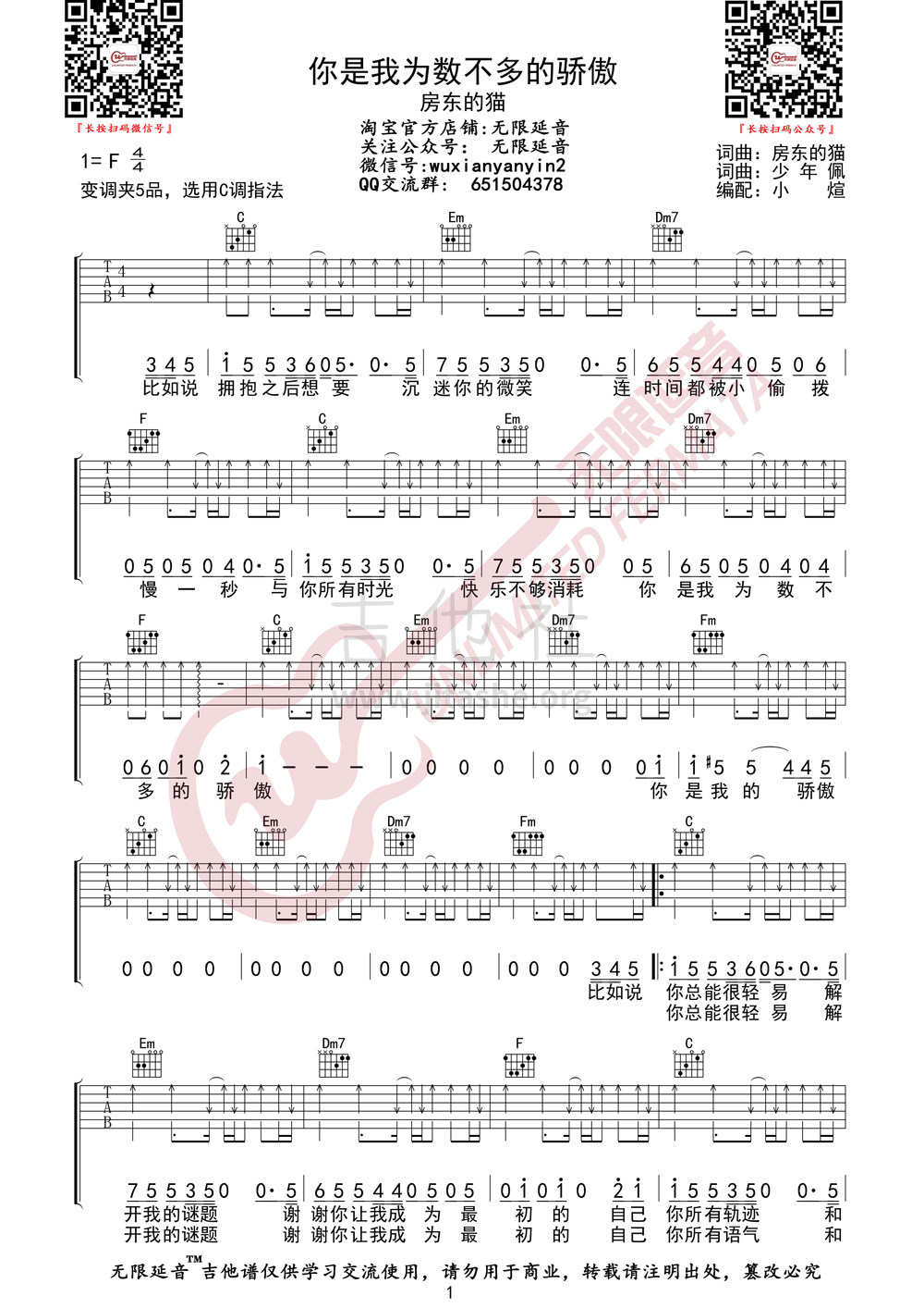 你是我为数不多的骄傲吉他谱(图片谱,无限延音)_房东的猫_你是我为数不多的骄傲01.jpg