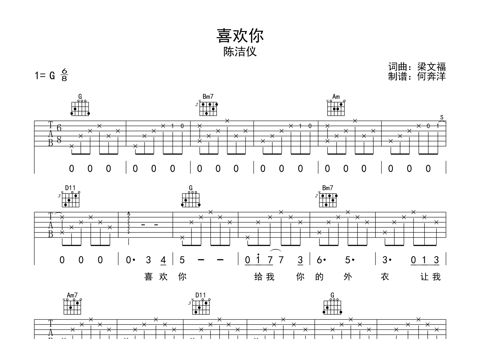 喜歡你吉他譜(圖片譜)_陳潔儀 - 吉他社