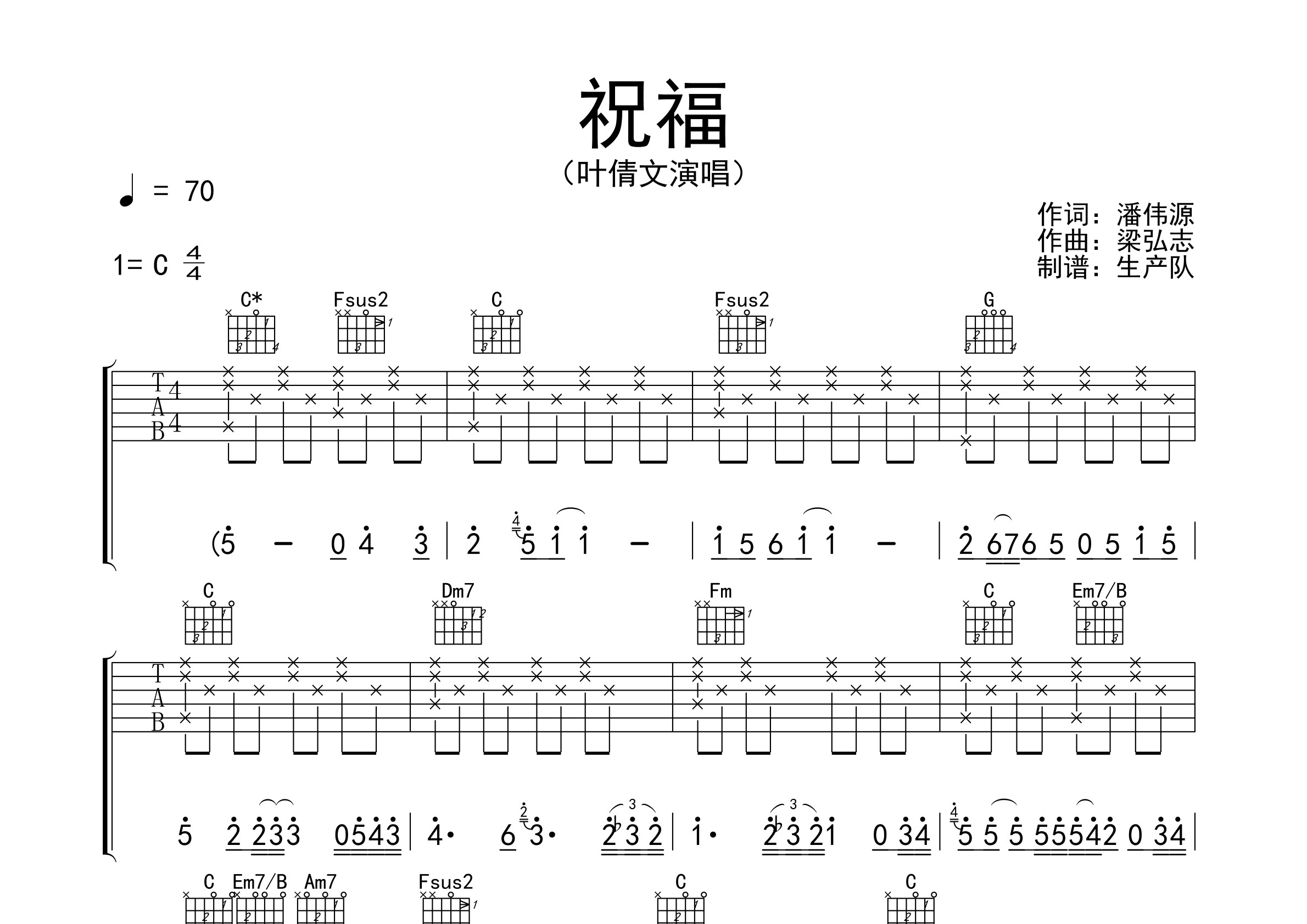 祝福(原版吉他谱) 【粤语经典】1人评分(我要评分)准确度:难易度:歌曲