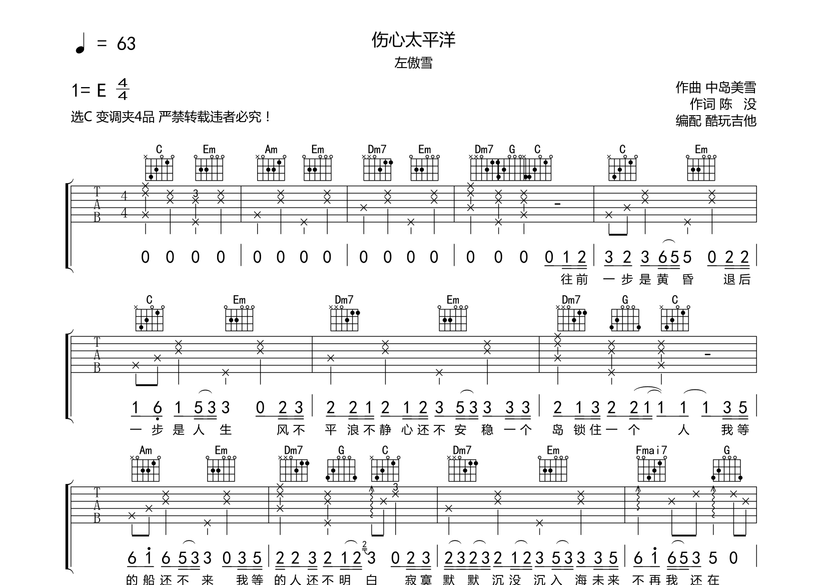 伤心太平洋吉他谱(图片谱,吉他谱)