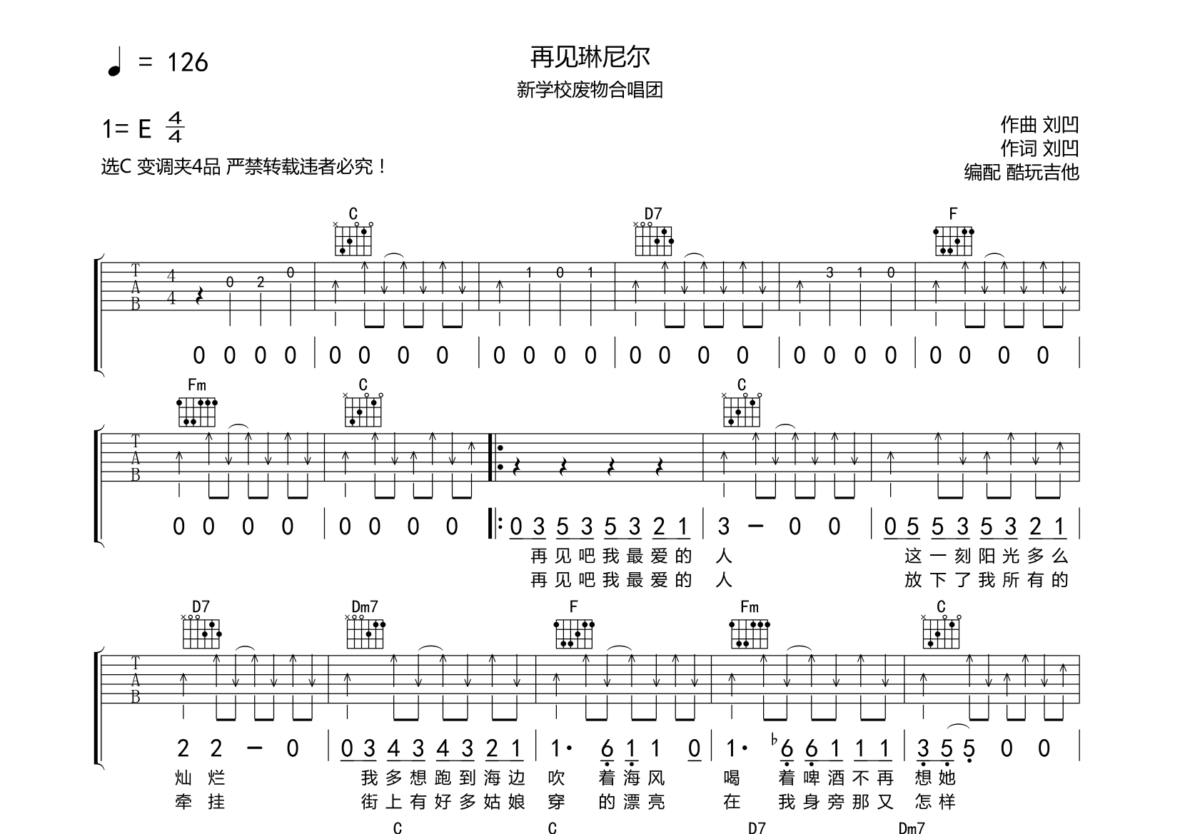 再見琳尼爾吉他譜(圖片譜,吉他譜)_新學校廢物合唱團