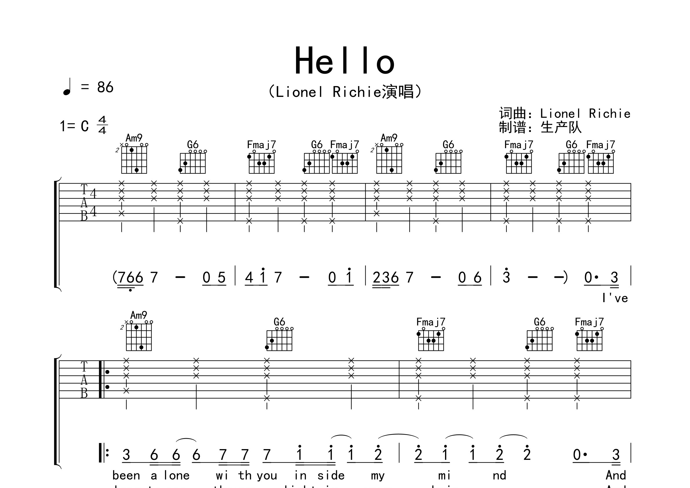 hello(原版吉他谱) 【欧美金曲】