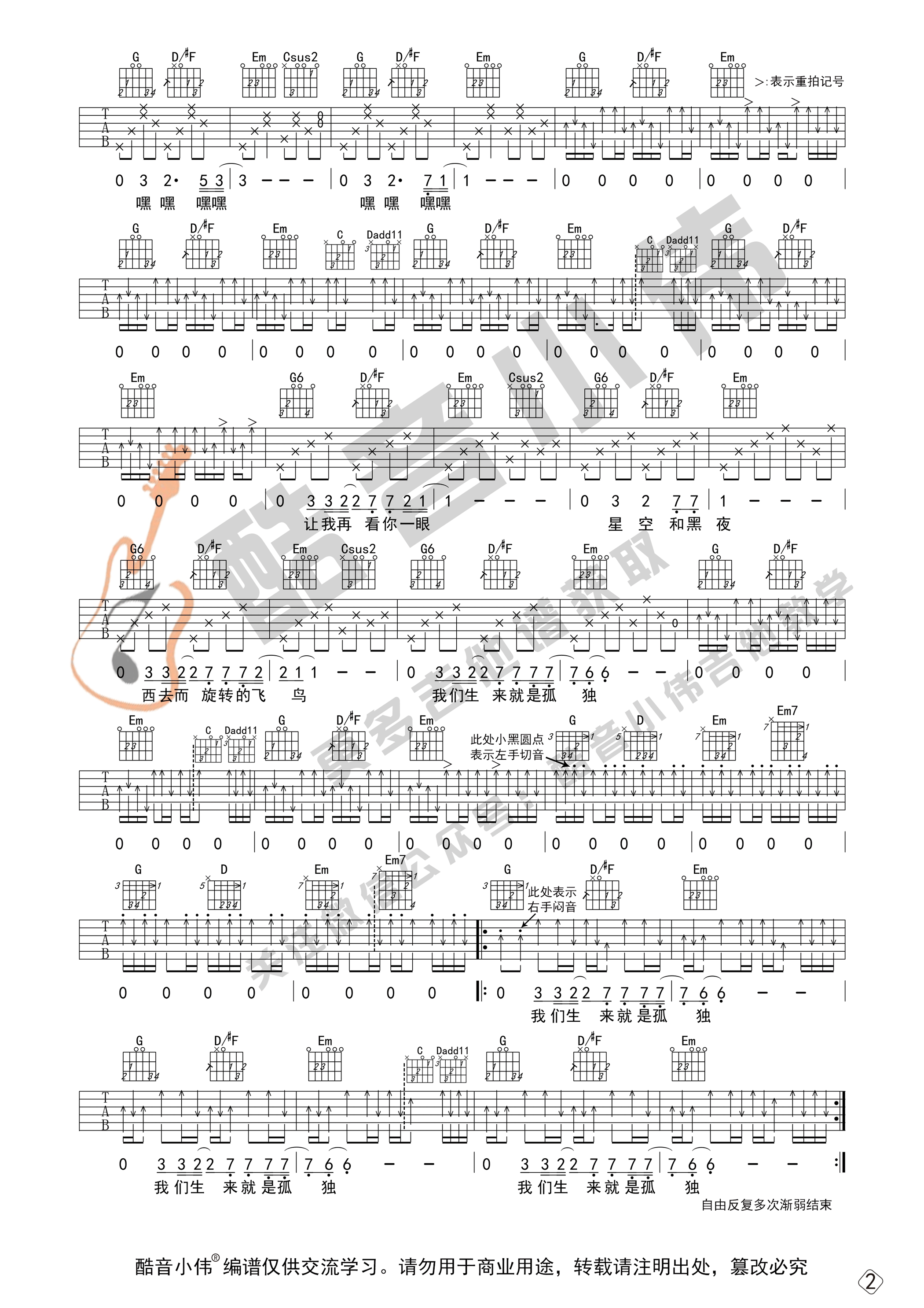 带教学视频(酷音小伟吉他教学)吉他谱(图片谱,梵高先生,吉他谱,吉他