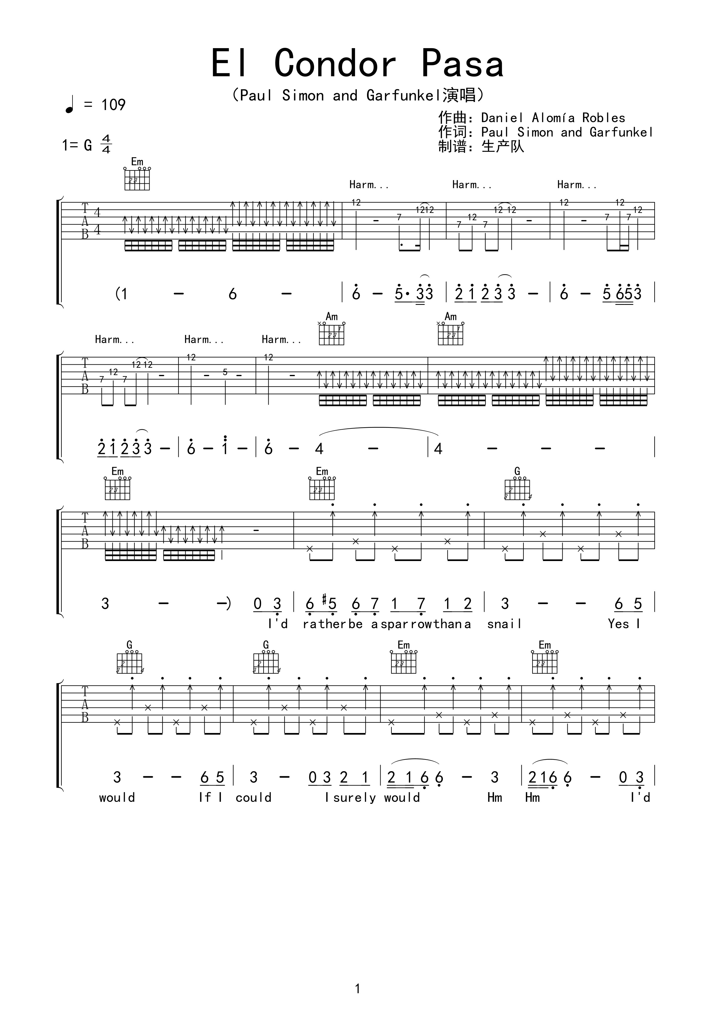 El Condor Pasa （原版吉他谱） 【欧美金曲】吉他谱(图片谱,弹唱,原版,solo)_Paul Simon(保罗·西蒙)_El Condor Pasa01.jpg