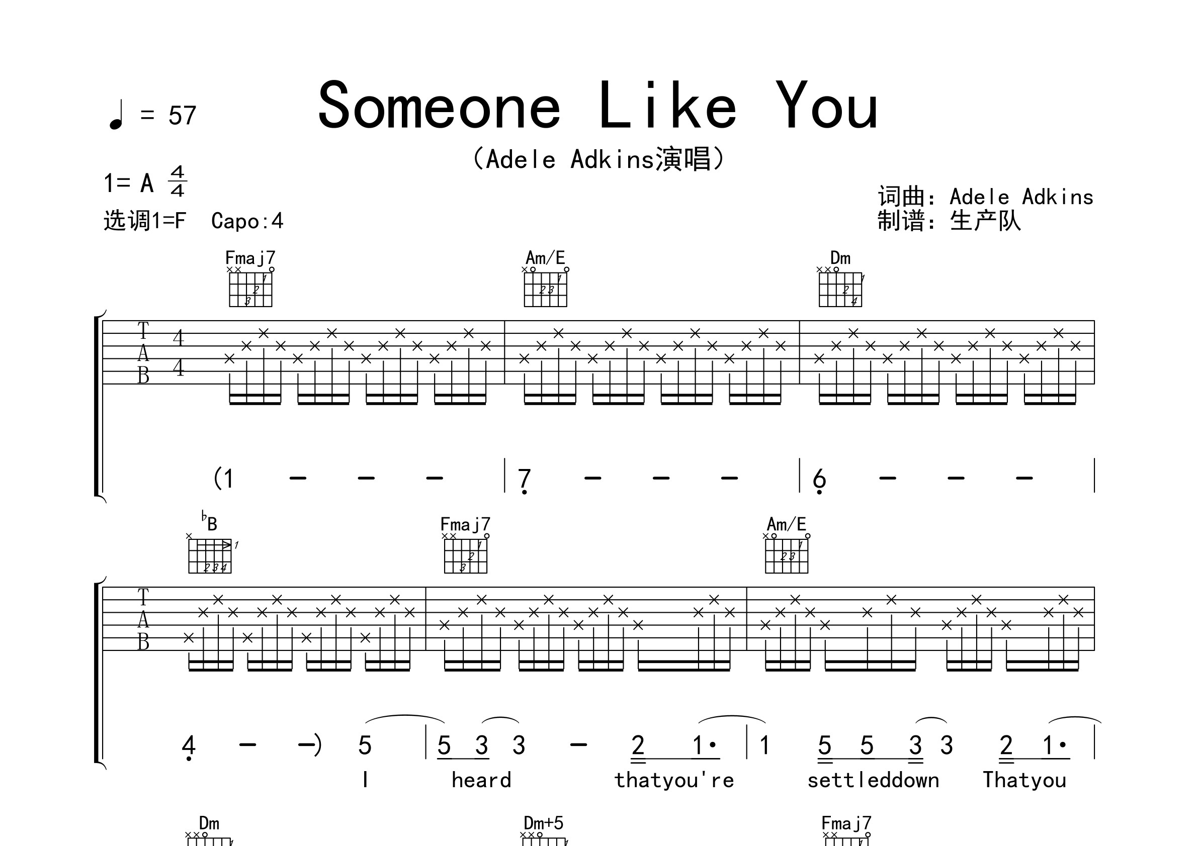 someonelikeyou原版吉他谱欧美金曲
