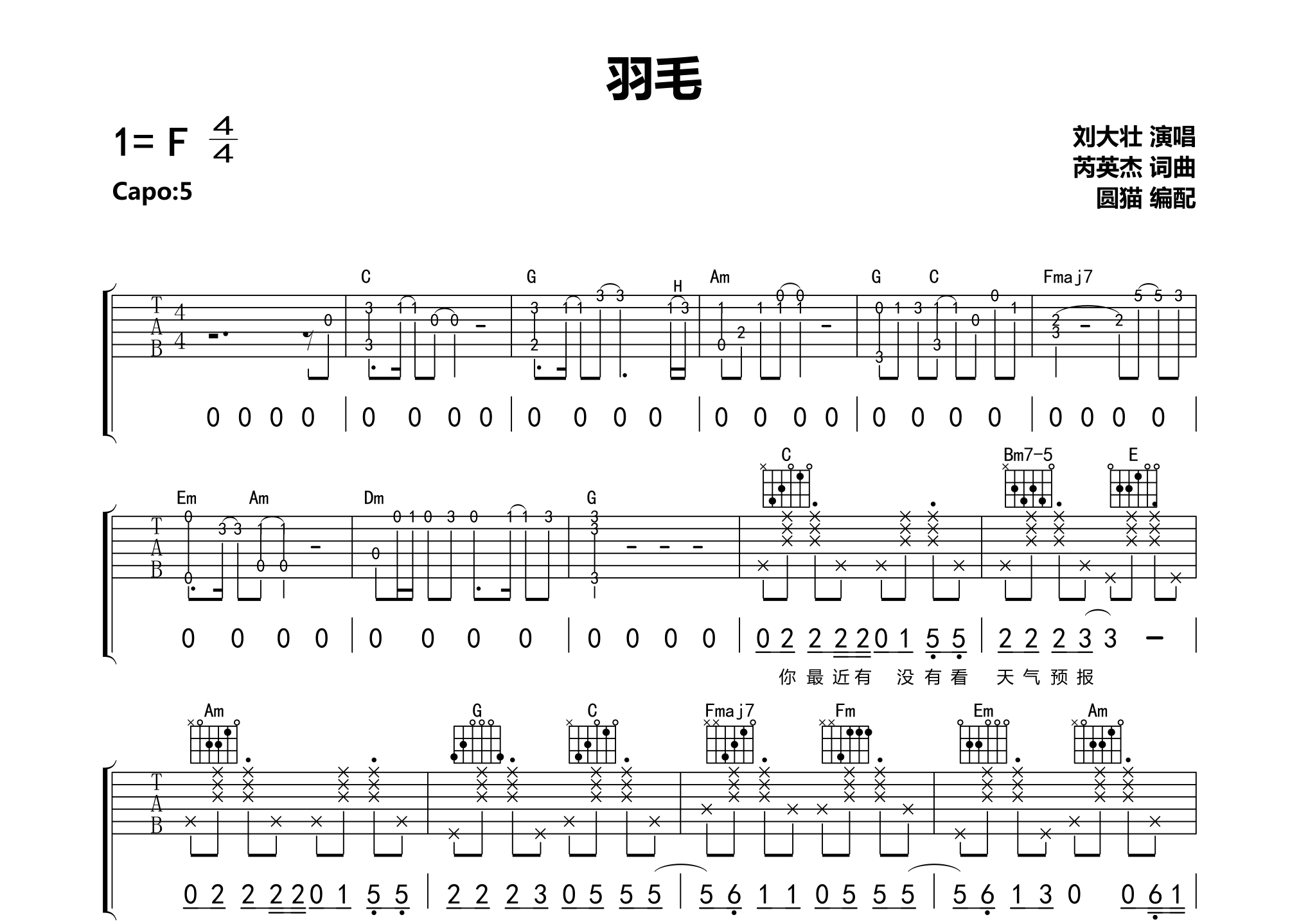 羽毛(c调完美编配)吉他谱(图片谱,弹唱)_刘大壮