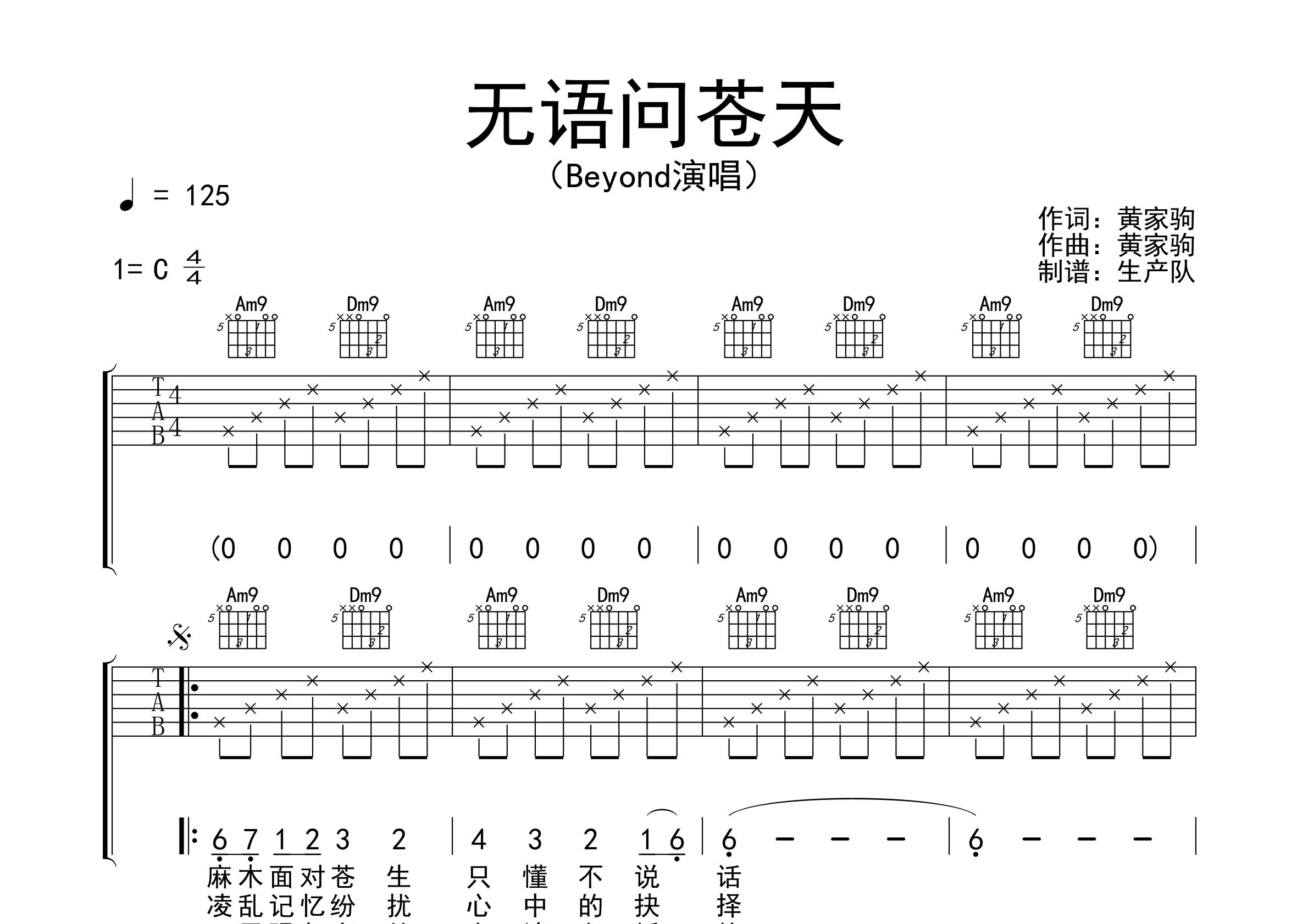 无语问苍天(纯吉他版)【怀旧经典】吉他谱(图片谱,原版,弹唱)_beyond