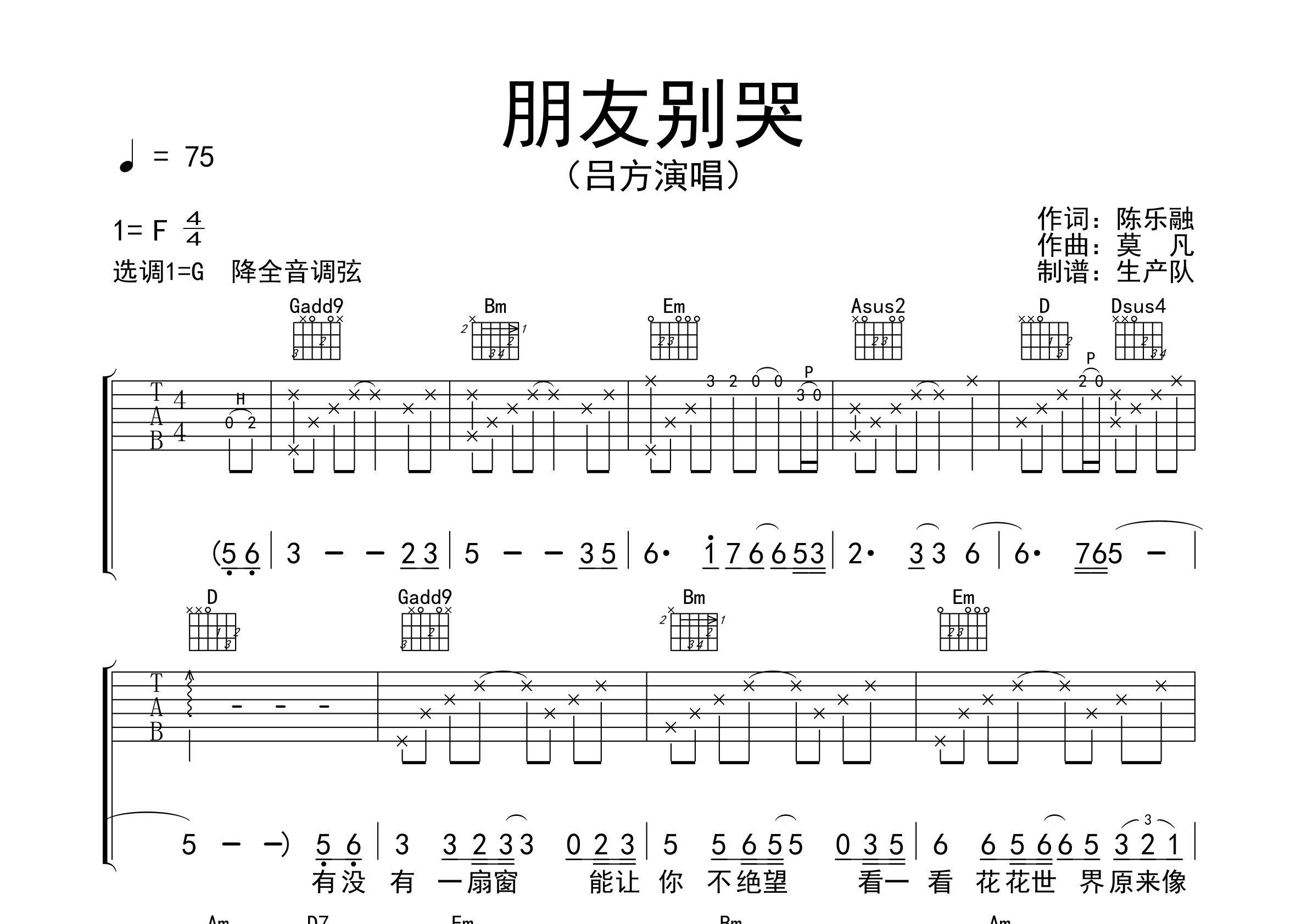 朋友别哭(原版吉他谱)【怀旧经典】吉他谱(图片谱,弹唱,原版,前奏)