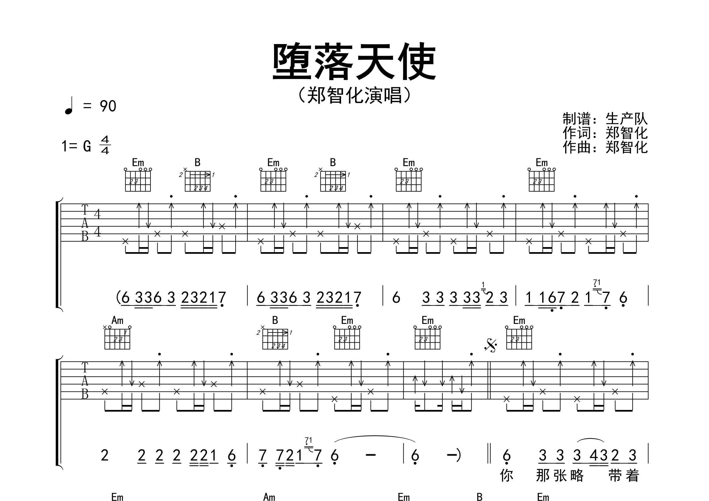 堕落天使吉他谱(图片谱,弹唱,扫弦,前奏)_郑智化 - 吉他社