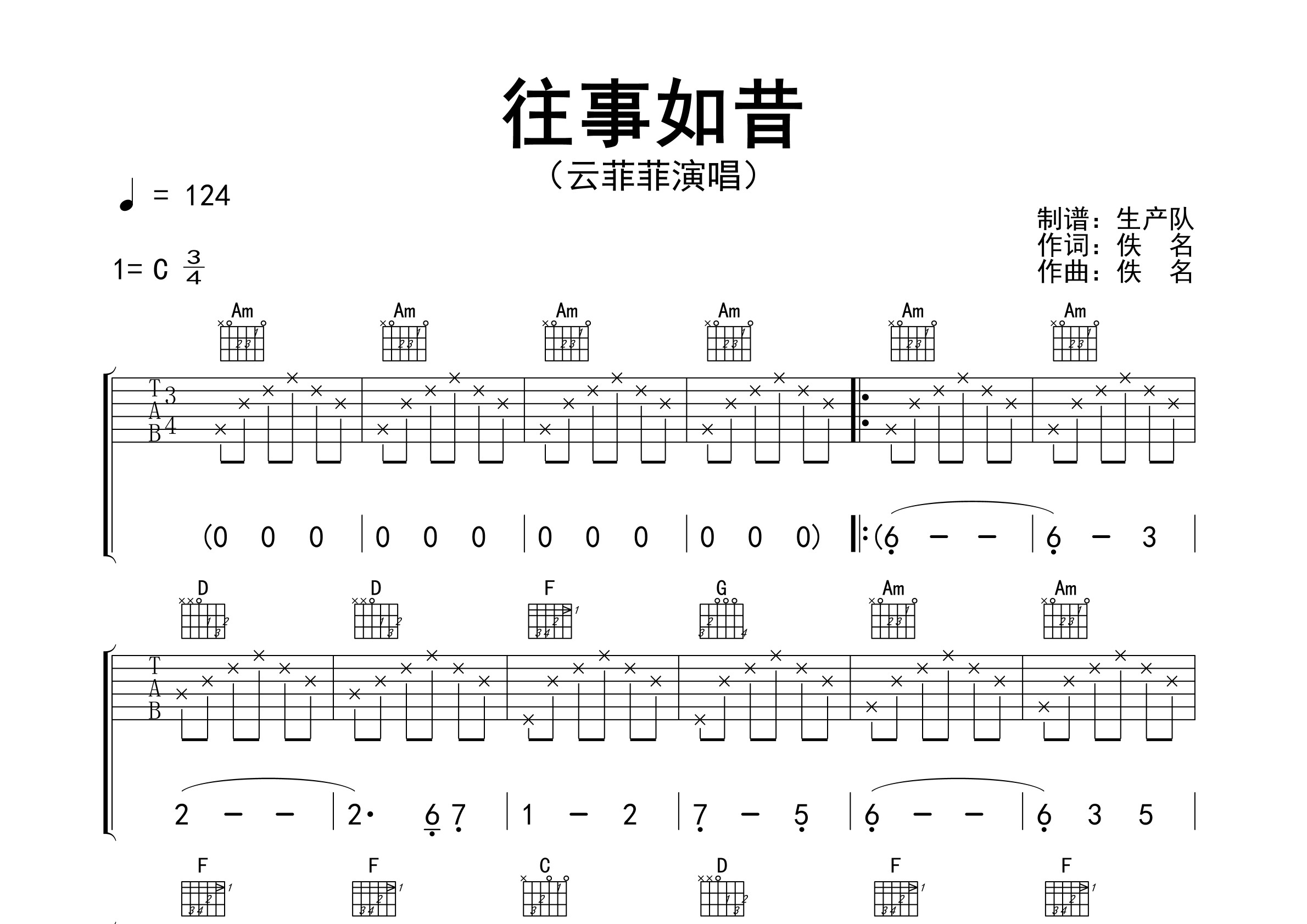 往事如昔(精编完美版)【怀旧经典】吉他谱(图片谱,原版,弹唱,前奏)