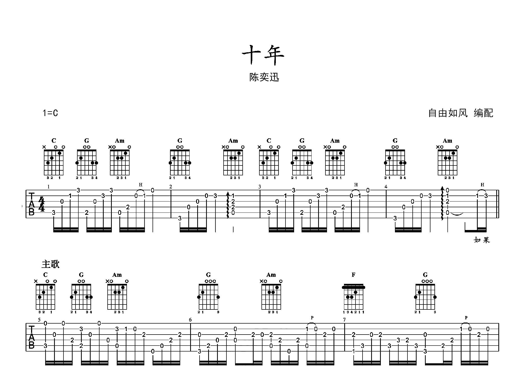 十年吉他谱指弹图片