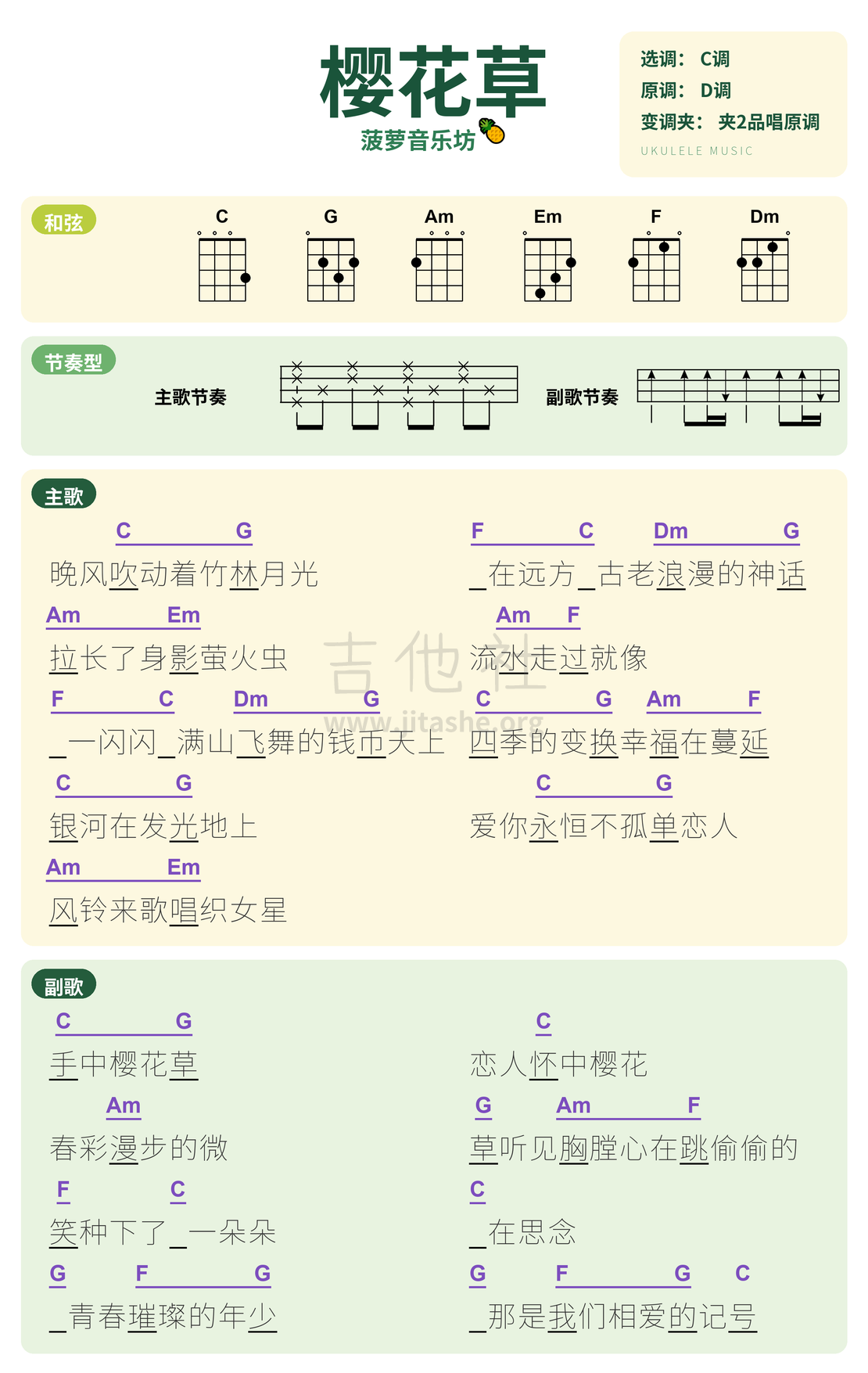 《樱花草》｜青春回忆杀・尤克里里弹唱谱吉他谱(图片谱,尤克里里,弹唱,简单版)_Sweety_樱花草_和弦谱.png