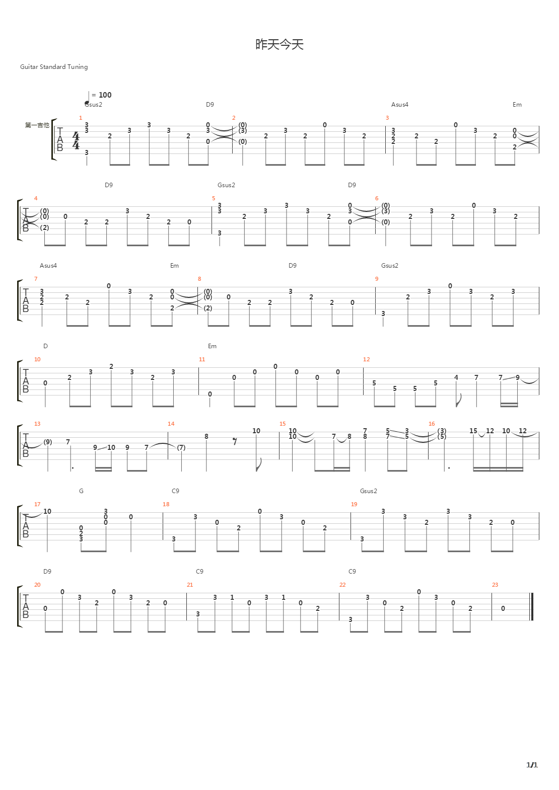 昨天今天吉他谱