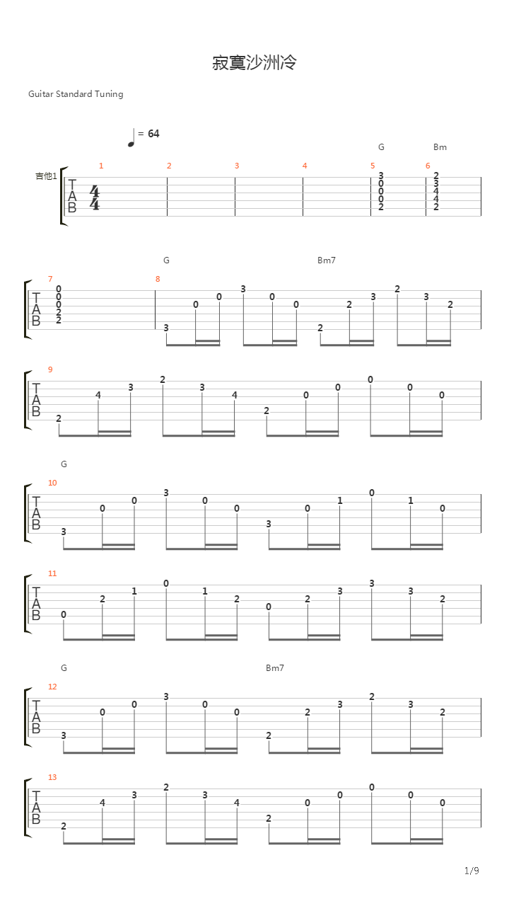 寂寞沙洲冷吉他谱