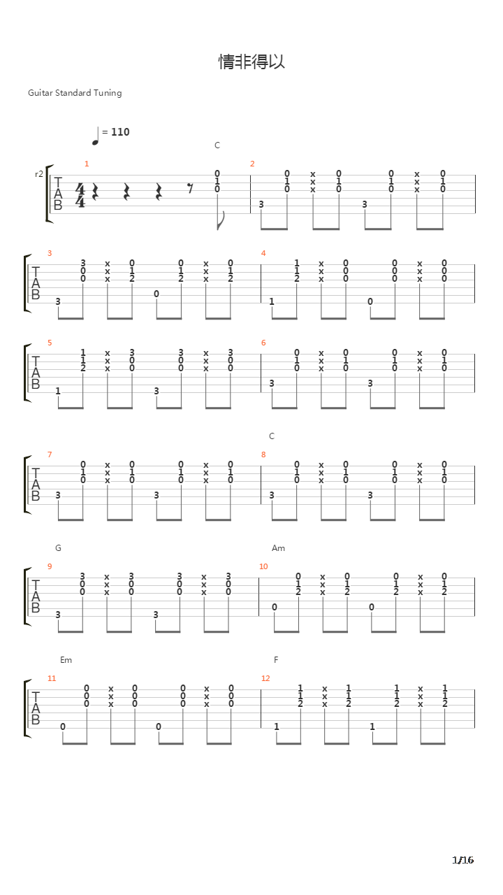 情非得已吉他谱