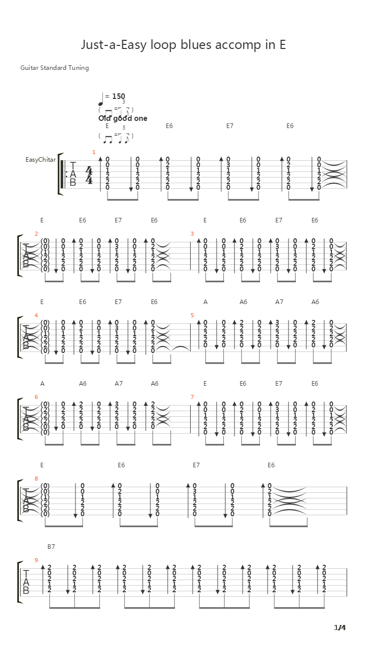 布鲁斯练习 - Blues Loop Accompanniament In E吉他谱