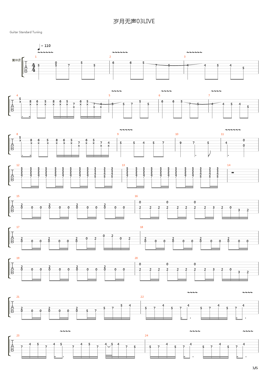 岁月无声 (03LIVE)吉他谱
