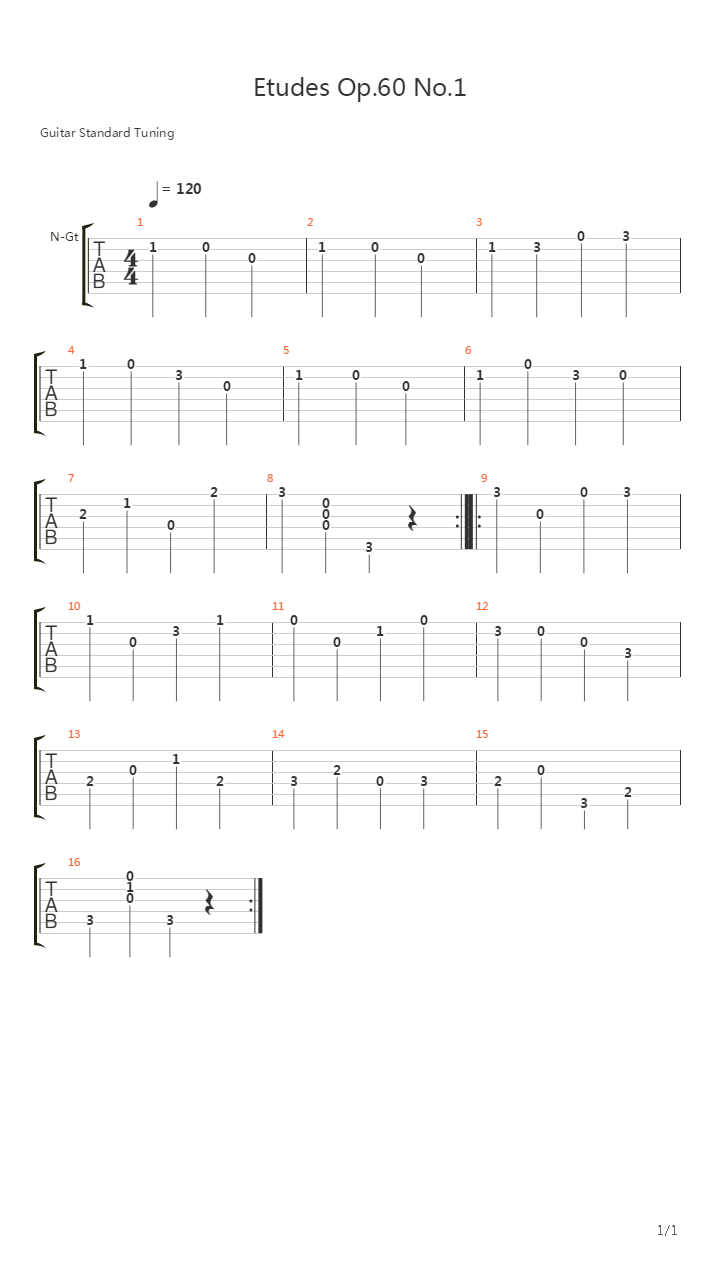 Etudes Op.60 No.1（25首渐进练习曲 作品60号 No.1）吉他谱