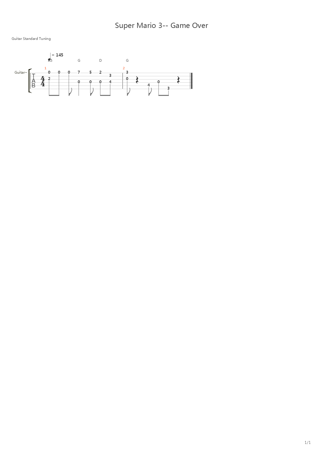 超级玛丽3 - Game Over吉他谱