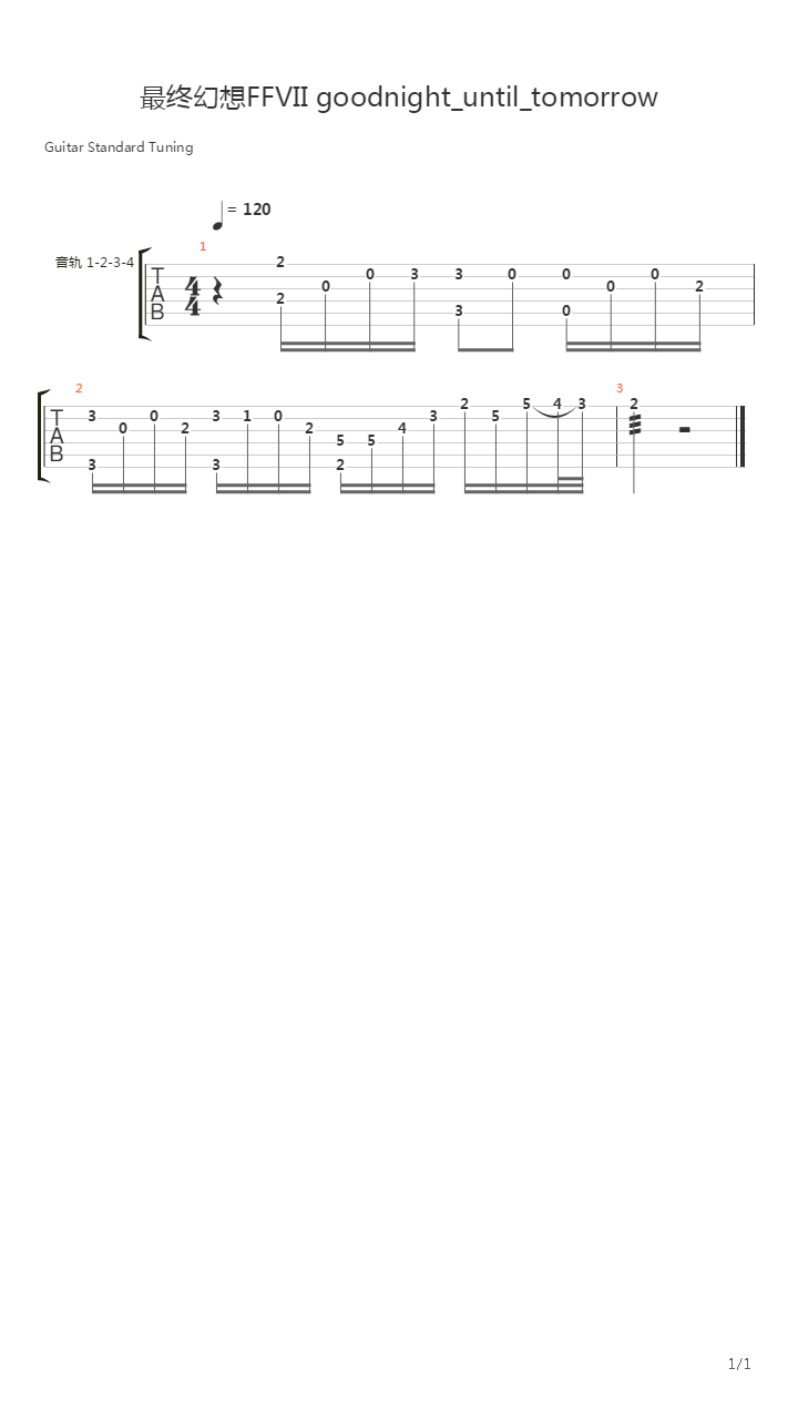 最终幻想7 - Goodnight until tomorrow吉他谱