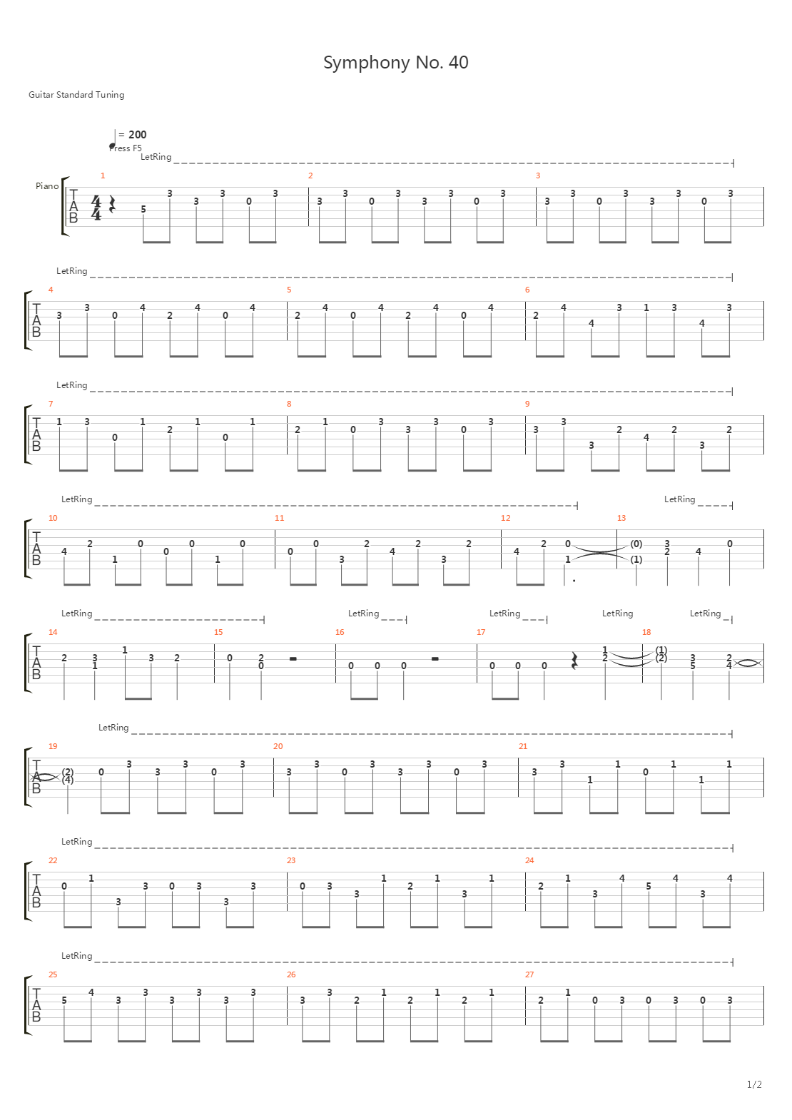 Symphony No 40(第四十交响曲)吉他谱
