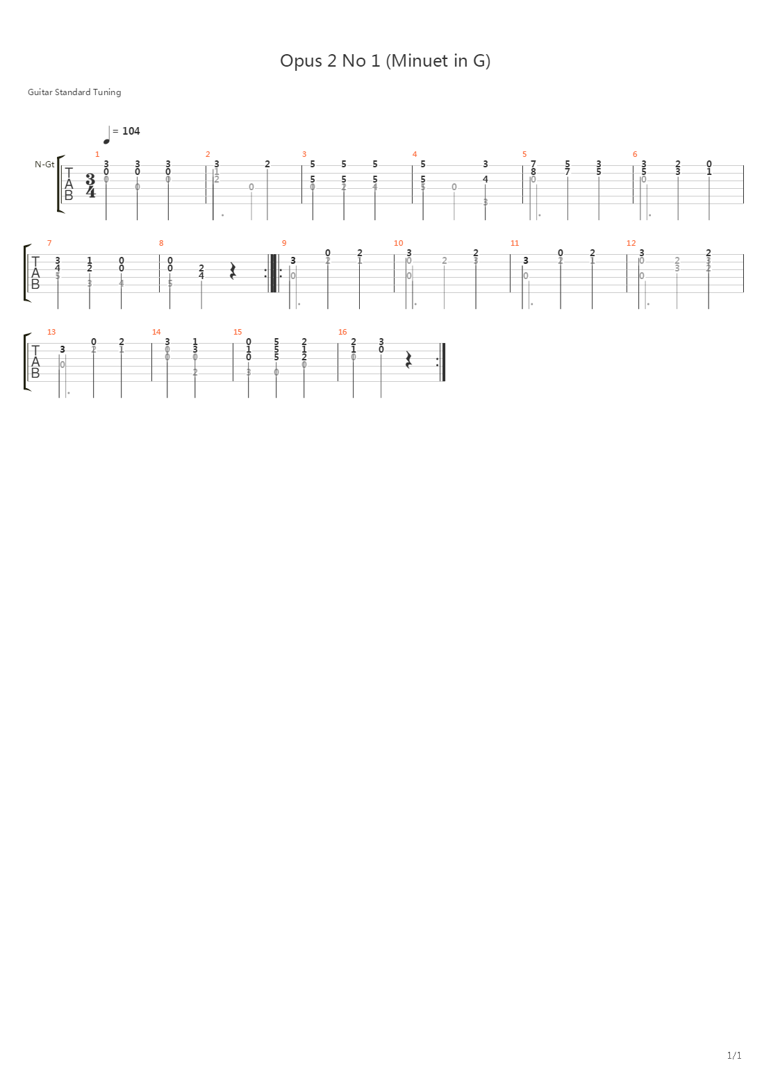 Opus 2 No 1 Minuet In G吉他谱