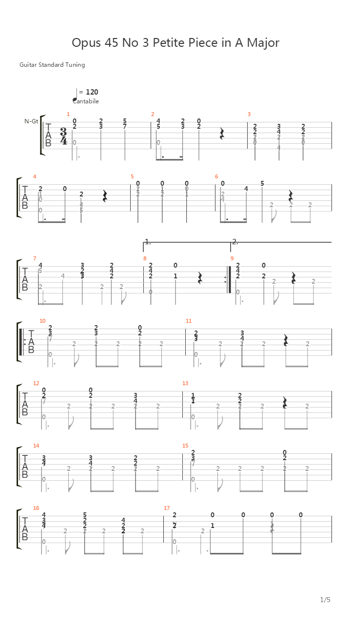 Opus 45 No 3 Petite Piece In A Major吉他谱