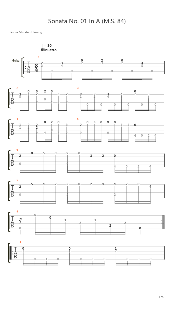 Sonata No 01 In A Ms 84(奏鸣曲)吉他谱