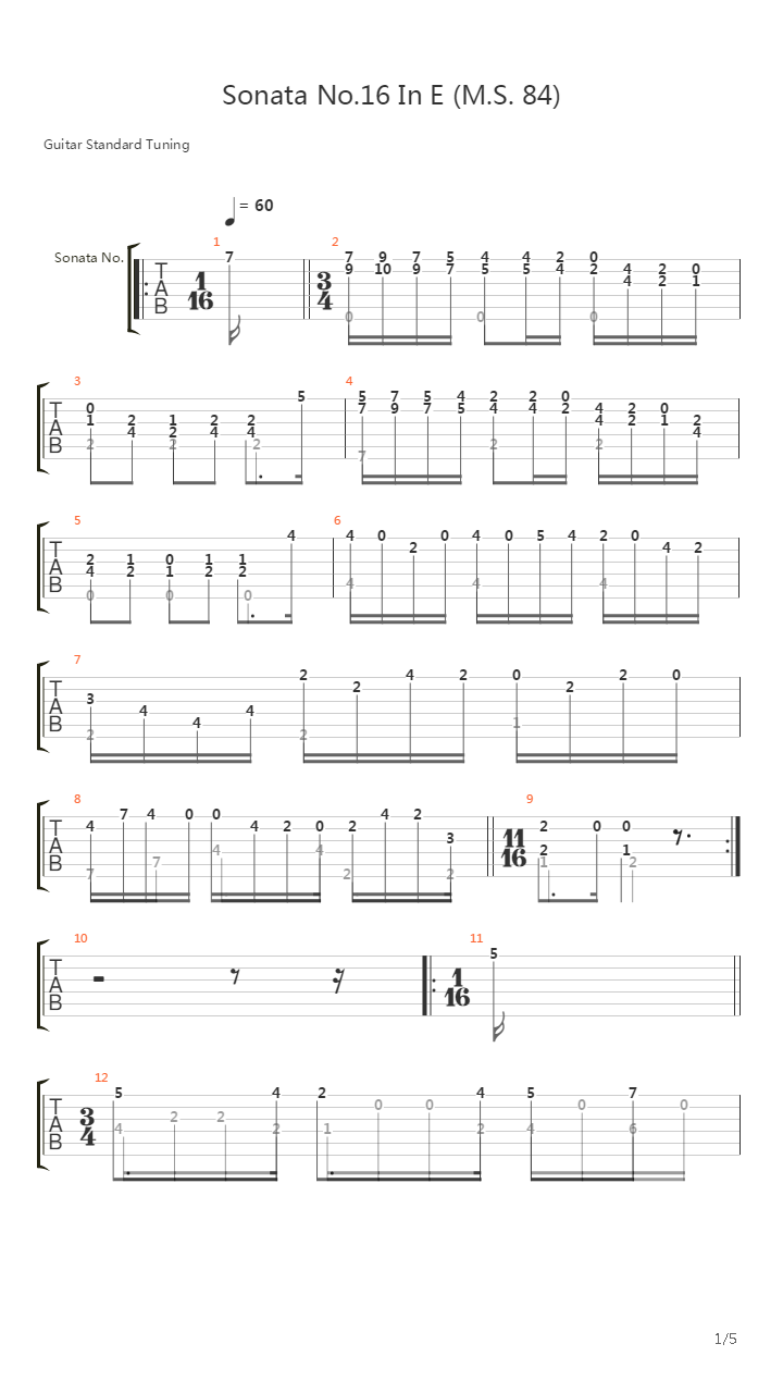 Sonata No 16 In E Ms 84(奏鸣曲)吉他谱