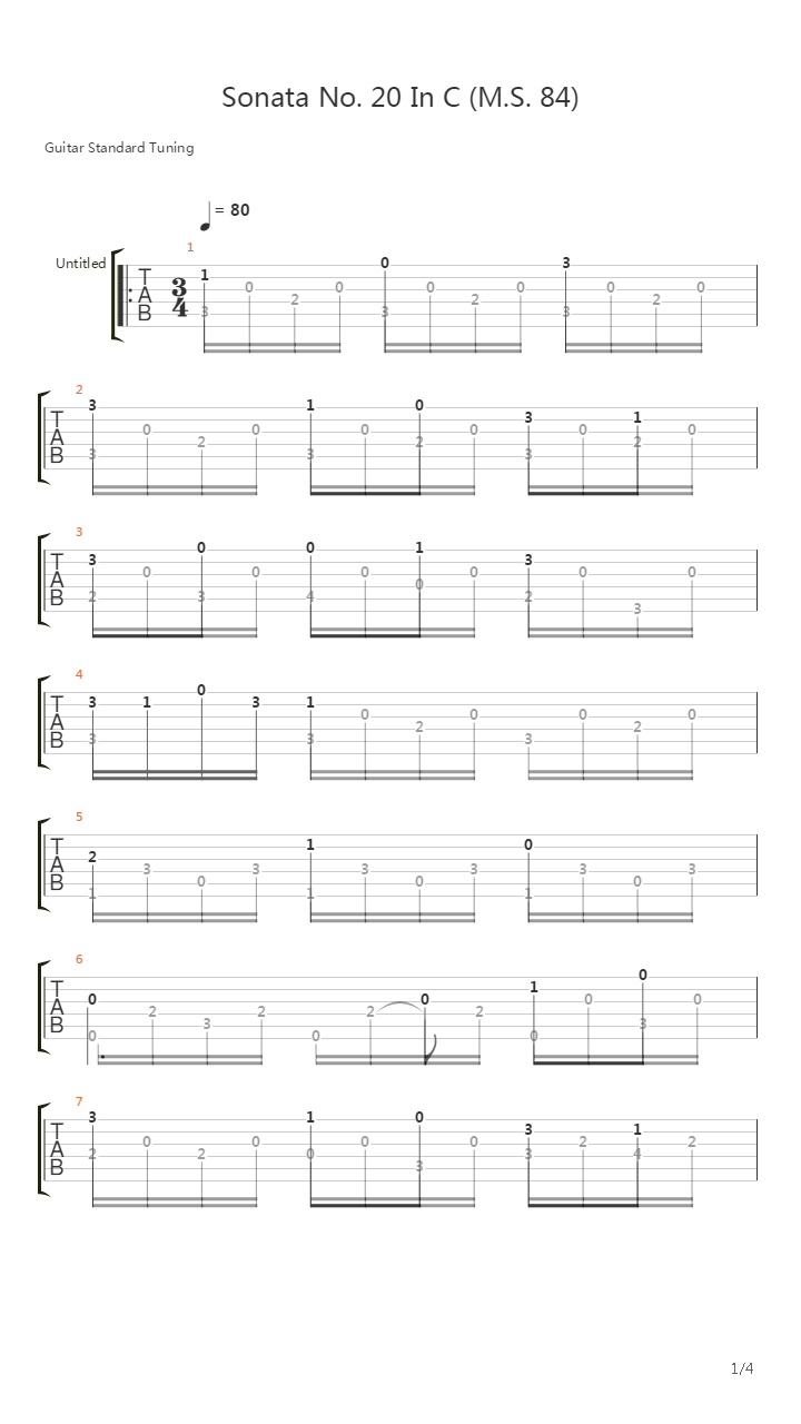 Sonata No 20 In C Ms 84(奏鸣曲)吉他谱